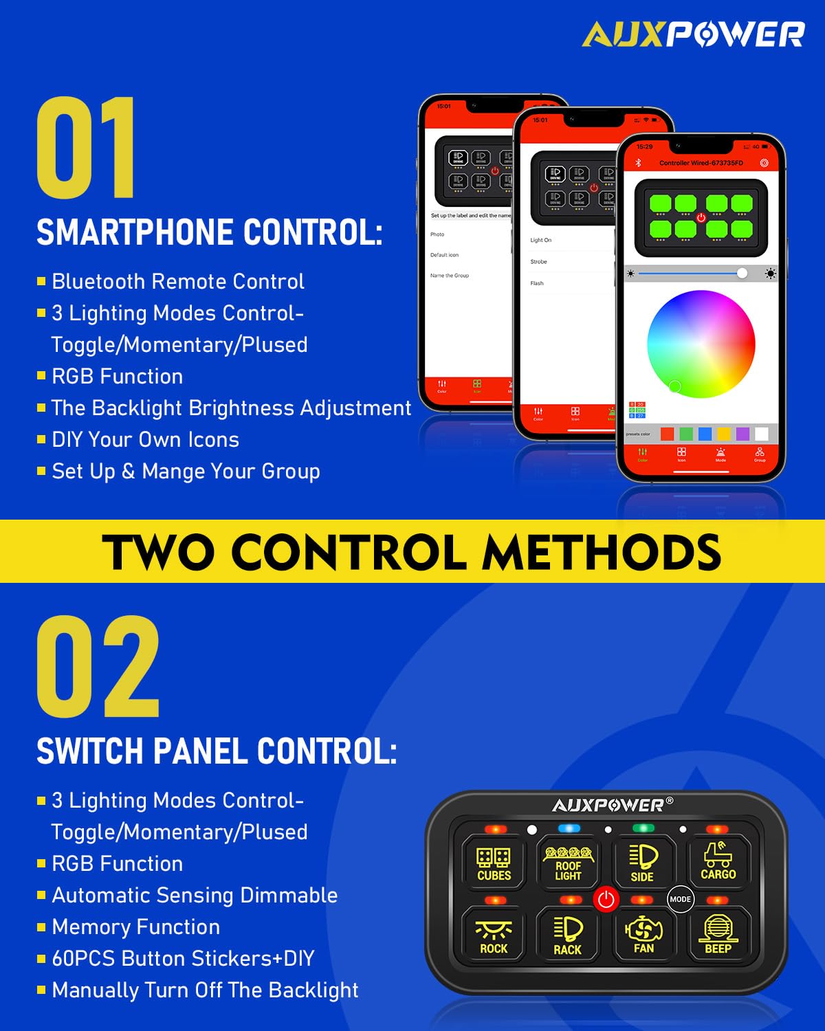 Auxpower RGB 8 Gang Switch Panel with App Control Turn On/Off Momentary Pulsed Multifunction 12V Switch Panel for Truck Circuit Control Relay System Switch Panel Waterproof for Car Boat Truck RV