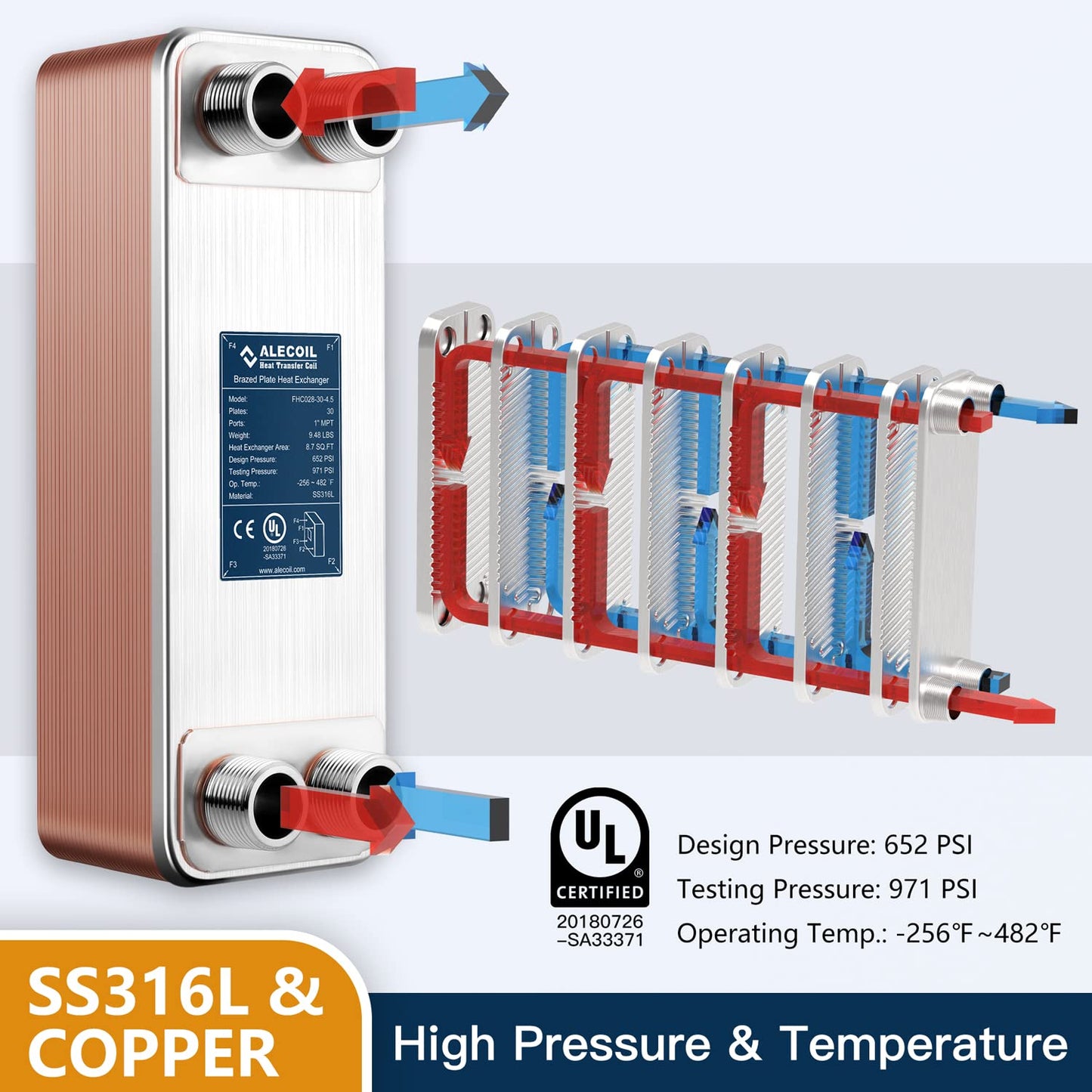 4"x12" 30 Plates Heat Exchanger with 1" MPT Port Water to Water 316L Stainless Steel Brazed Plate Heat Exchanger for Water Heating, Floor Heating, Commercial and Industrial Refrigeration