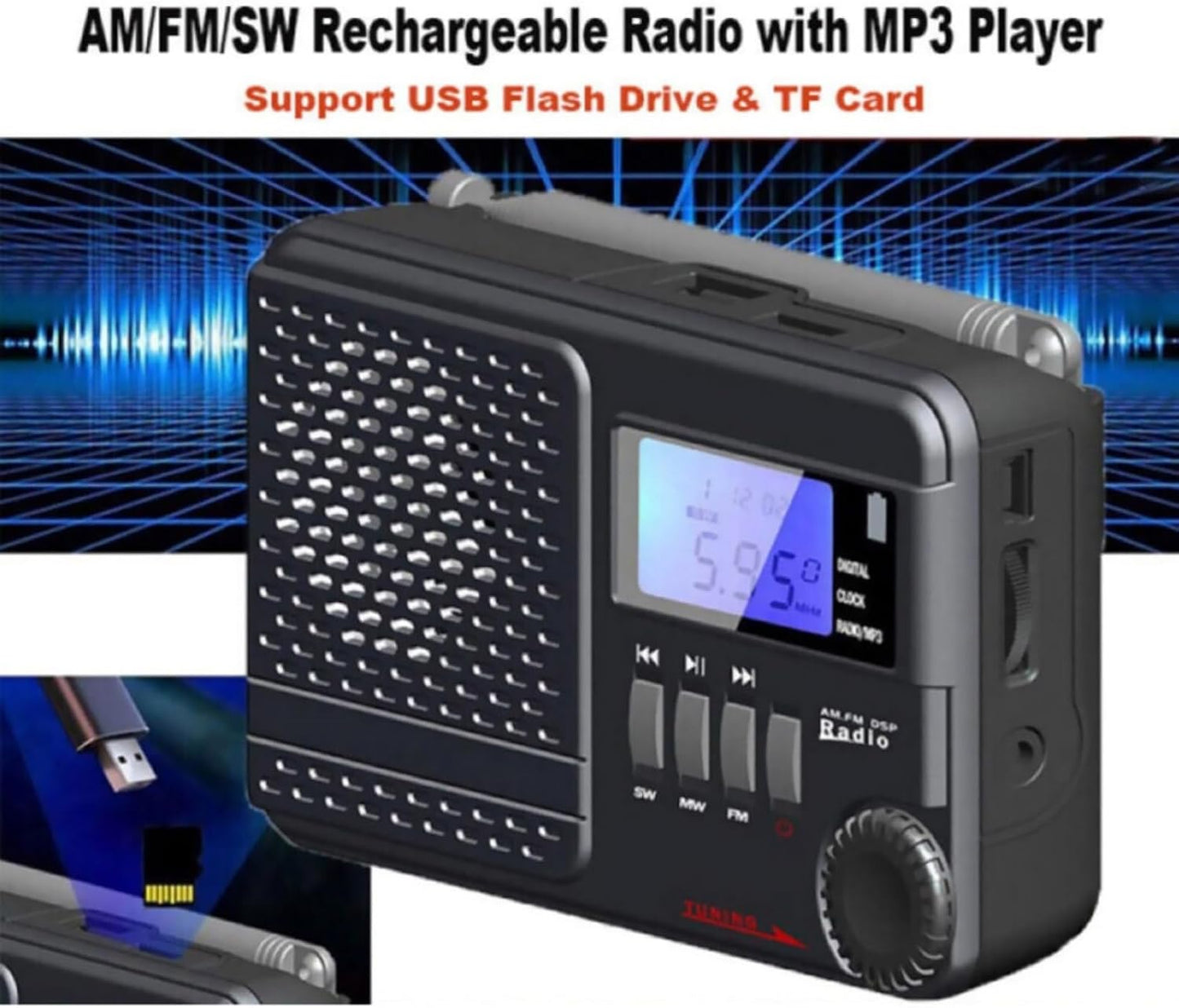 DBEIXIWEI 32GB MP3 Digital Tri-Band AM FM SW Radio Support USB Flash Drive & Micro SD Card Max Built-in Player & Clock