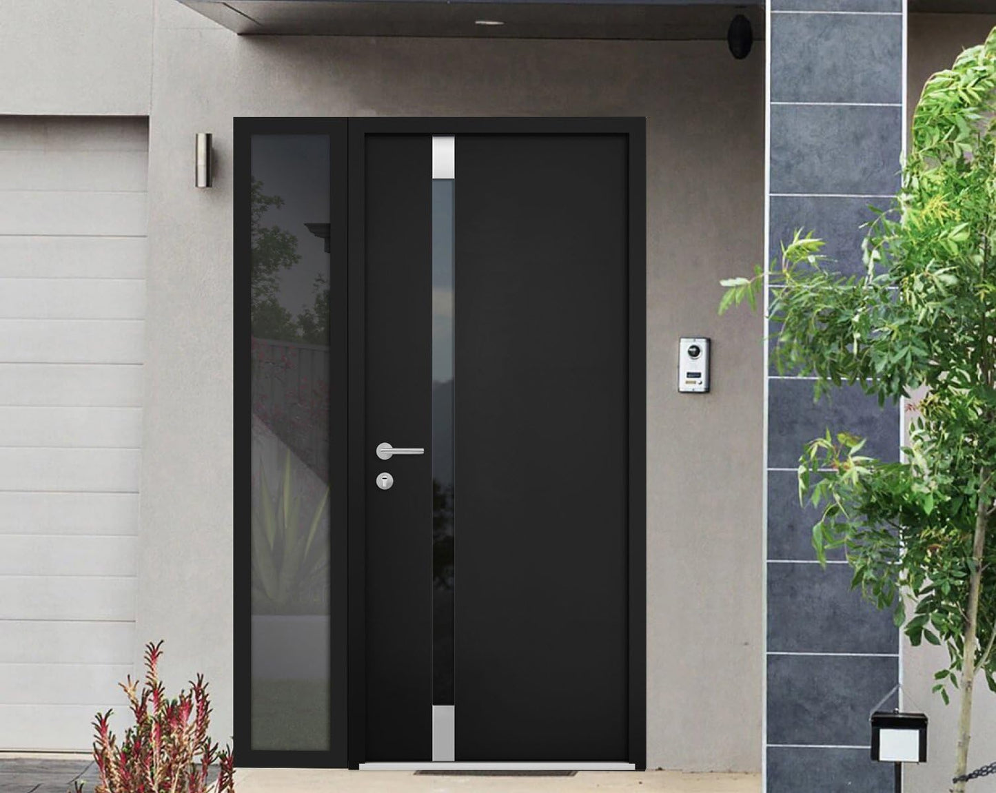 VDOMDOORS Front Exterior Prehung Steel Door/Cynex 6777 Black/Side Exterior Window/Stainless Inserts Single Modern Painted-W32+12" x H80-Right-hand Inswing