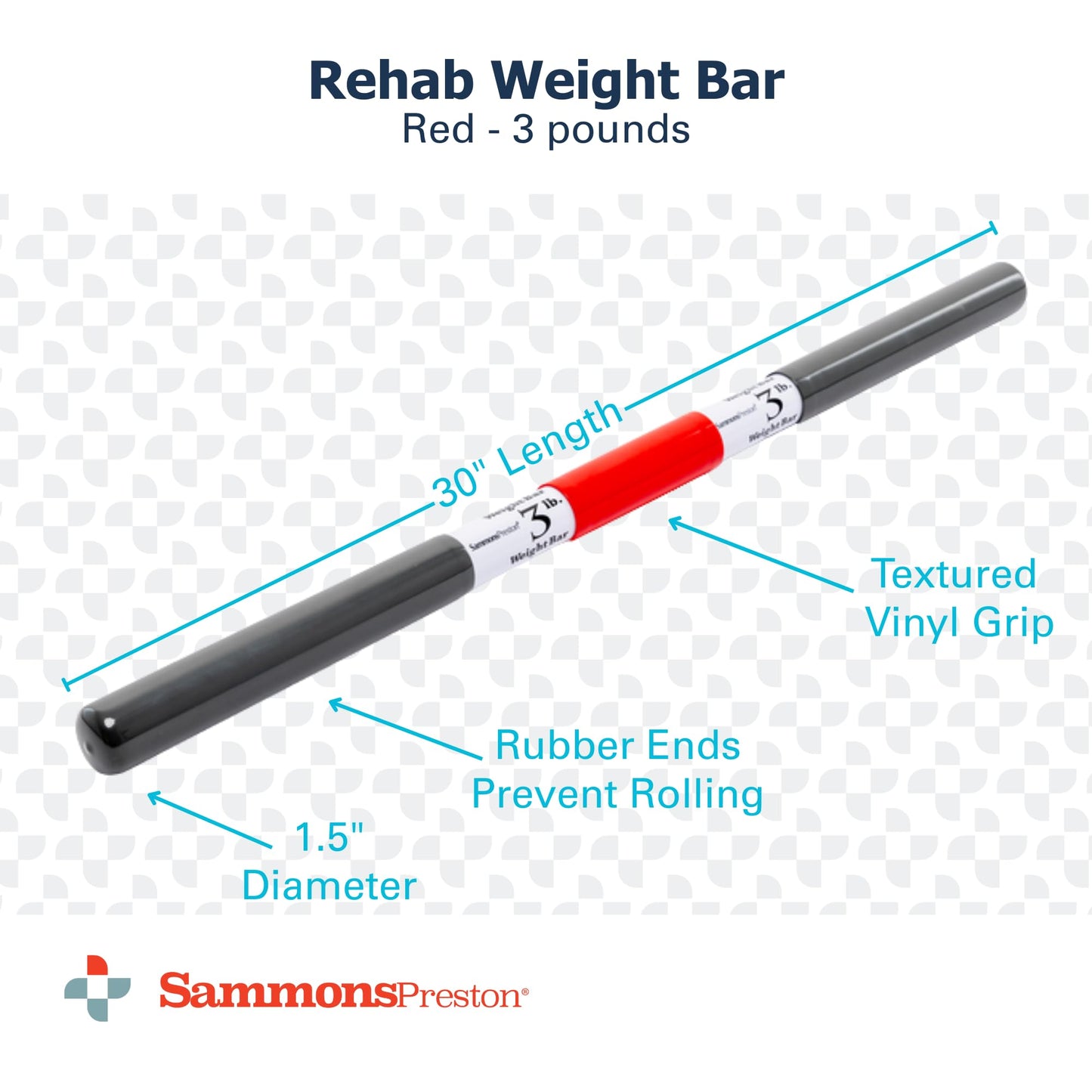 Sammons Preston Rehab Weight Bar, Red, 3 Pounds, Weighted Bar for Exercise, Color-Coded Bars with Grip, Physical Therapy Equipment for Home & Clinical Use, 30" Compact Design