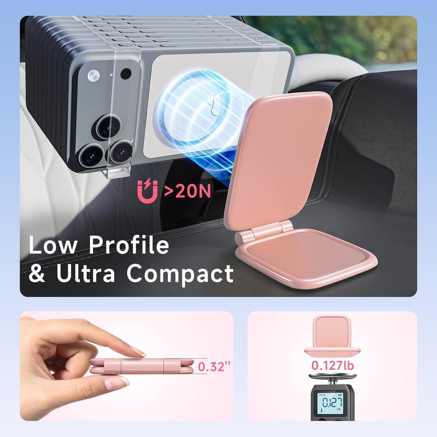 COOEXES Pink Foldable Magnetic Phone Mount, Hidefold Ultra-Thin Magnetic Phone Holder for Car with Dual Side Strong
