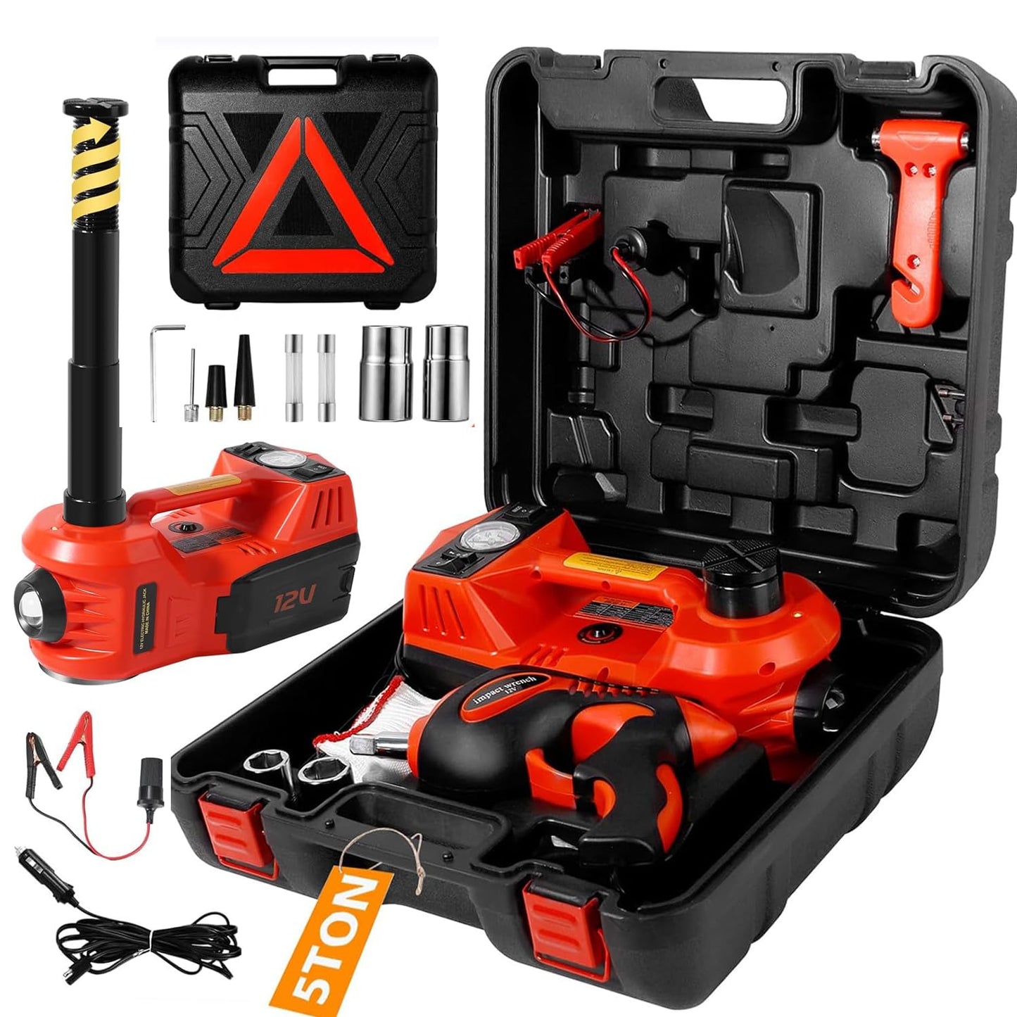 Electric Car Jack Kit 5 Ton 12V Floor Jack with Impact Wrench and Tire Inflator Pump Portable Hydraulic Car Jack for SUV Sedans Tire Change with LED Light, Lifting Height 6 to 17.7 Inch