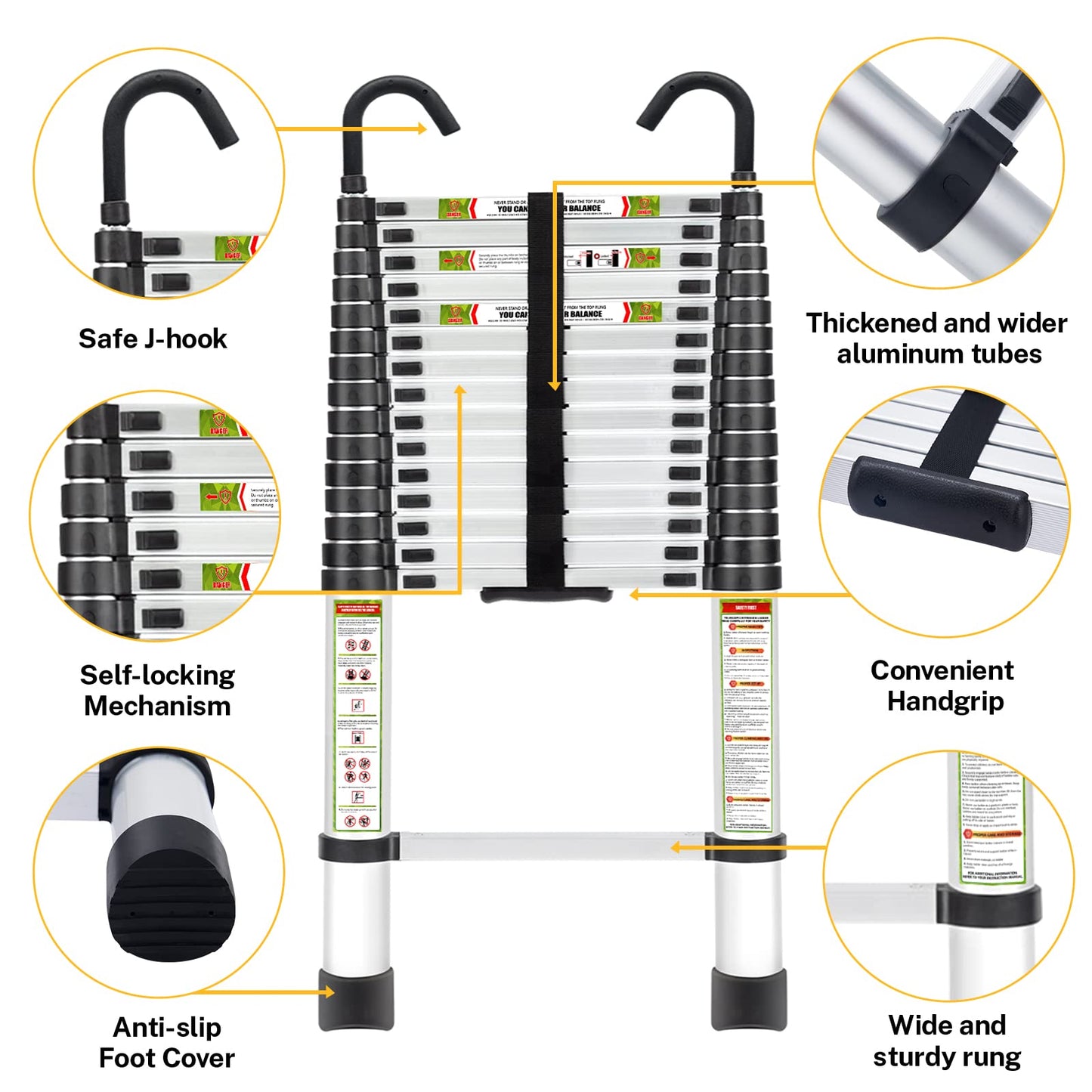RIKADE Telescopic Ladder, 20.3 ft Aluminum Telescoping Ladder with Stable Hook and Non-Slip Feet, Portable Extension Ladder for Household and Outdoor Working, Max Load 330 lb, Aluminum