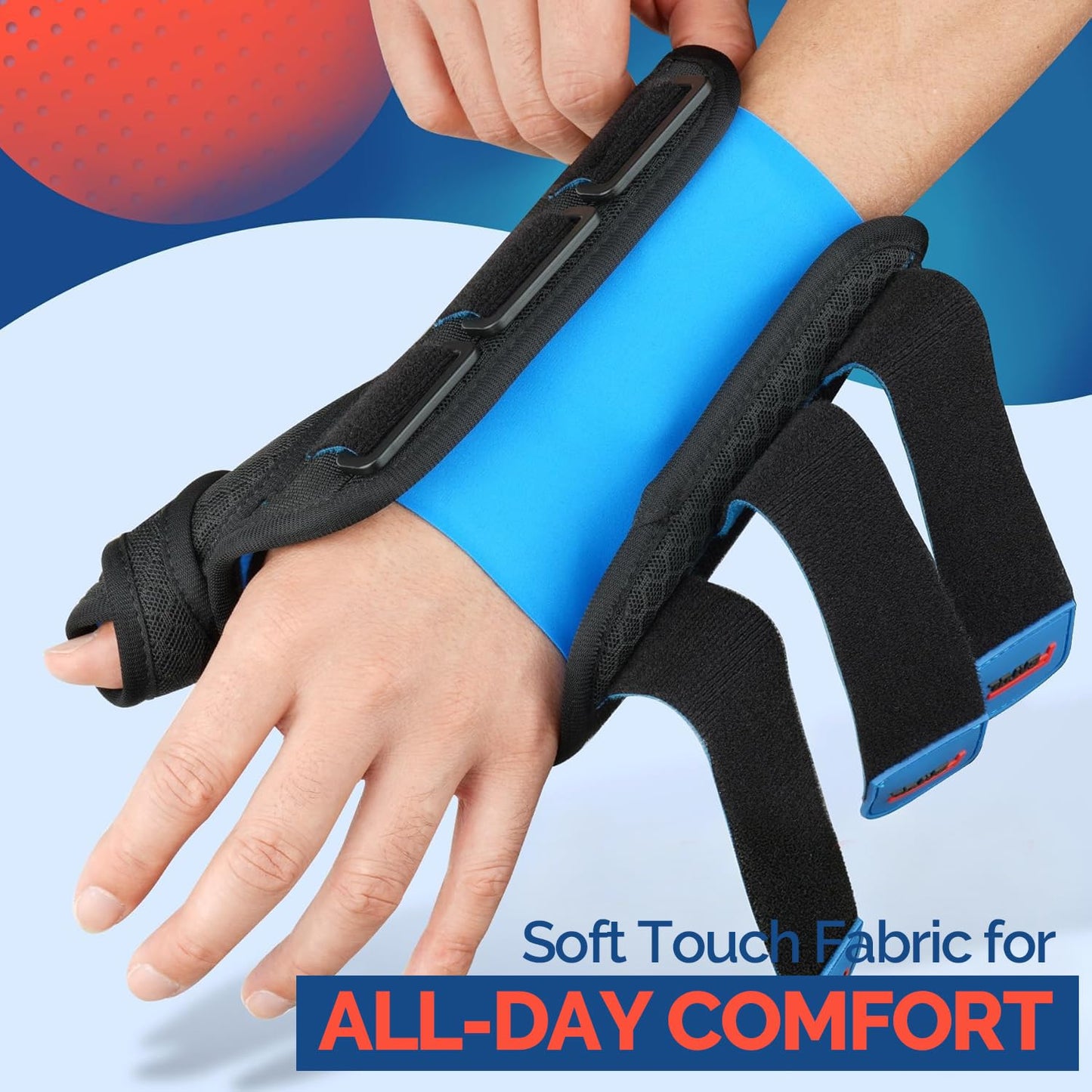 FEATOL Carpal Tunnel Wrist Brace Night Support, Thumb Spica Splint Right Hand for De Quervains Tenosynovitis, Tendonitis, Thumb Brace for Women Men, Black Blue, Large/XLarge