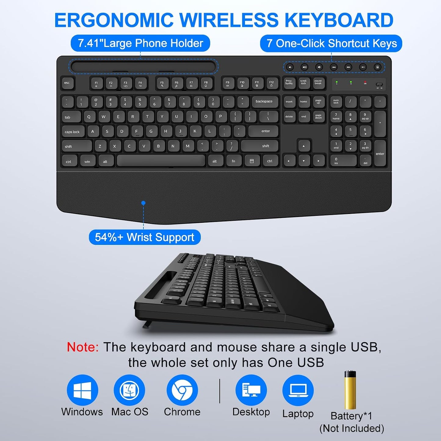 EDJO Set Wireless Keyboard and Mouse Combo, Full-Size Ergonomic Wireless Computer Keyboard with Wrist Rest, Phone