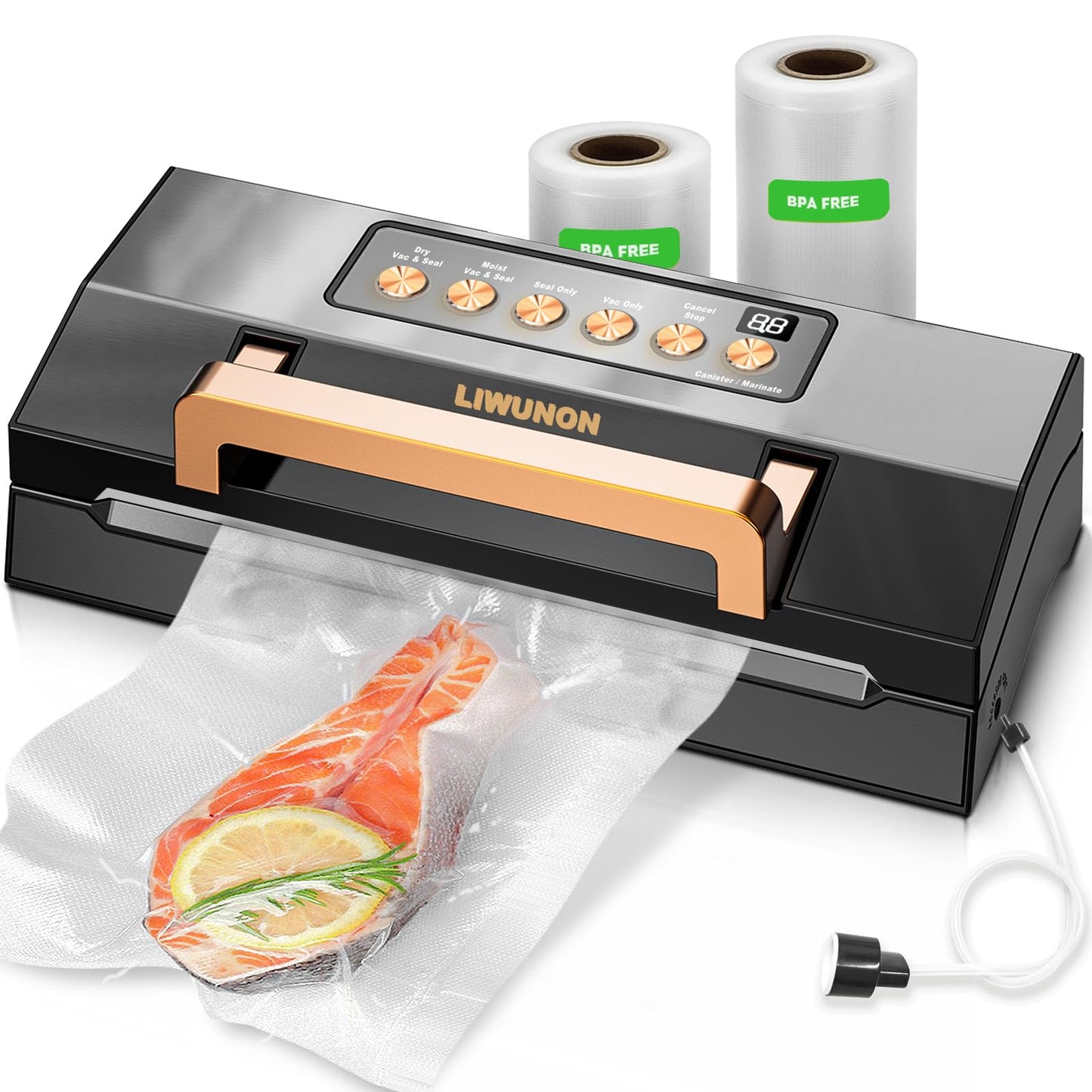 Powerful Suction Vacuum Sealer Machine,Commercial Fully Automatic Food Vacuum Sealer with Double Heat Seal,Dry & Moist Modes,Built-in Cutter,Bags Storage,Easy-Lock Handle,Include 2 Bag Rolls (Black)