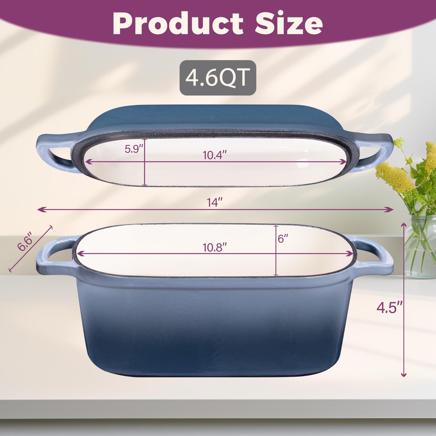 Vanderlume 4.6-Quart Oval Dutch Oven for Bread Baking, 2 in 1 Enameled Cast Iron Bread Pan with Lid, Sourdough Bread Dutch Oven for a Crispy Crust, Seasalt