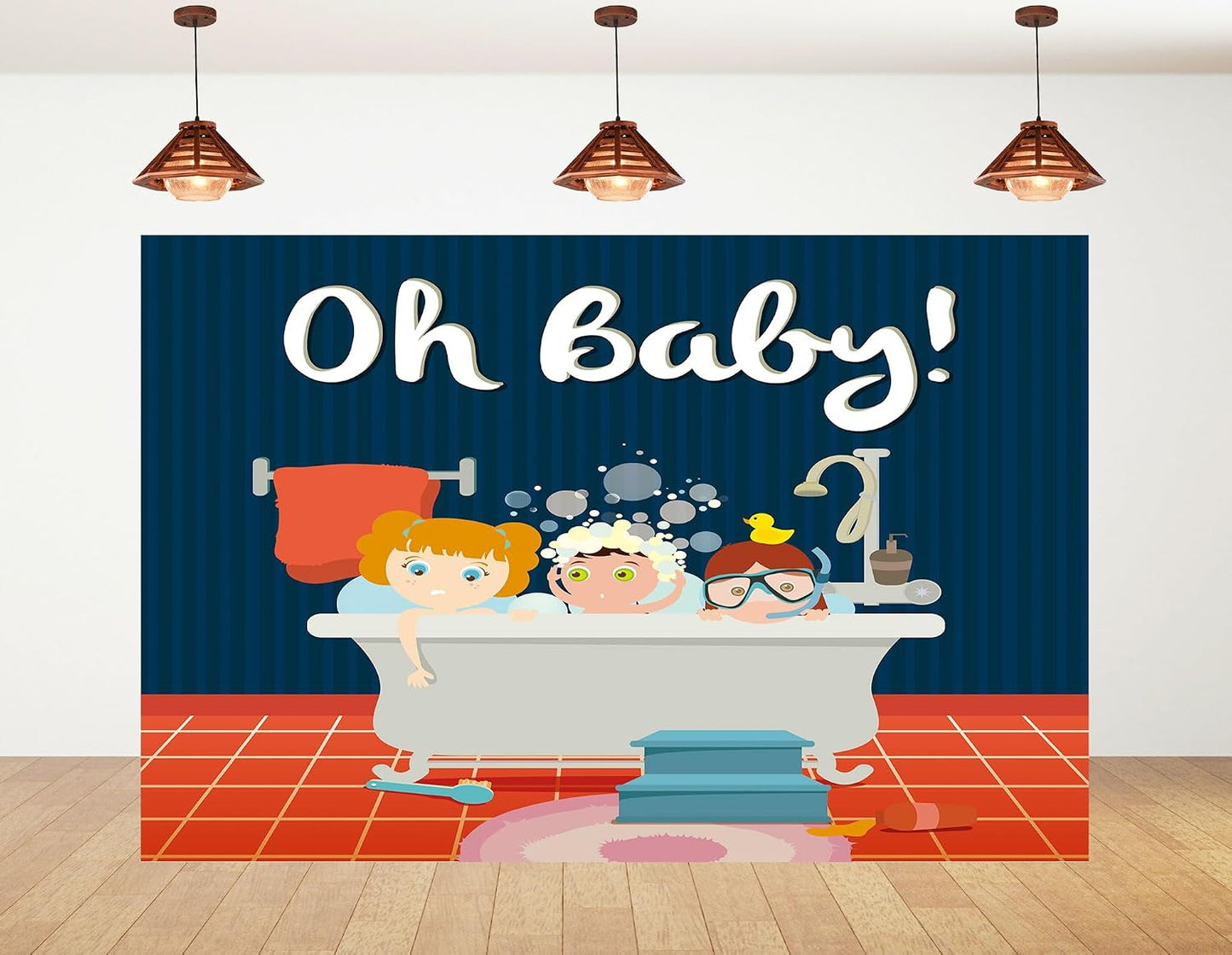 KeyWork 10x7ft Oh Baby Bathroom Theme Photography Backdrop Kids in Bathtub Design with Blue and Orange Background