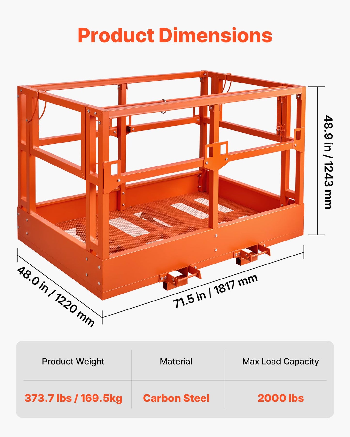 VEVOR Mesh Telehandler Work Platform, 48 x 73.9 Inch Man Safety Basket, 2000 lbs Capacity Forklift Telehandler Attachment, Safety Cage, Heavy Duty Carbon Steel, for Most Aerial Jobs Lifting Loader