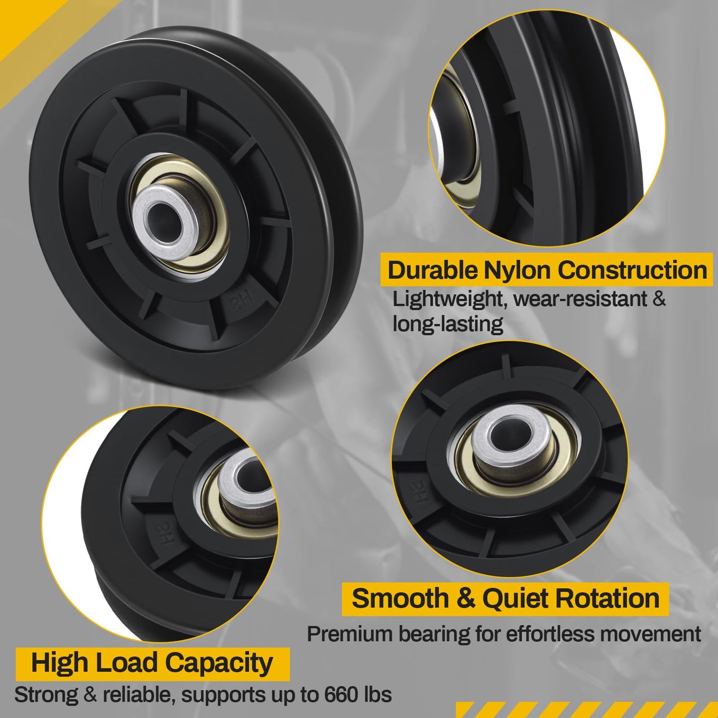 Soulchen 6 Pcs 6/8 Pcs 90mm/3.5" Universal Nylon Bearing Pulley-Wheel Replace for Home Gym Equipment Part Cable Machine, Wearproof Abration Bearing Wheel, Gym Equipment and Garage Door Pulley System