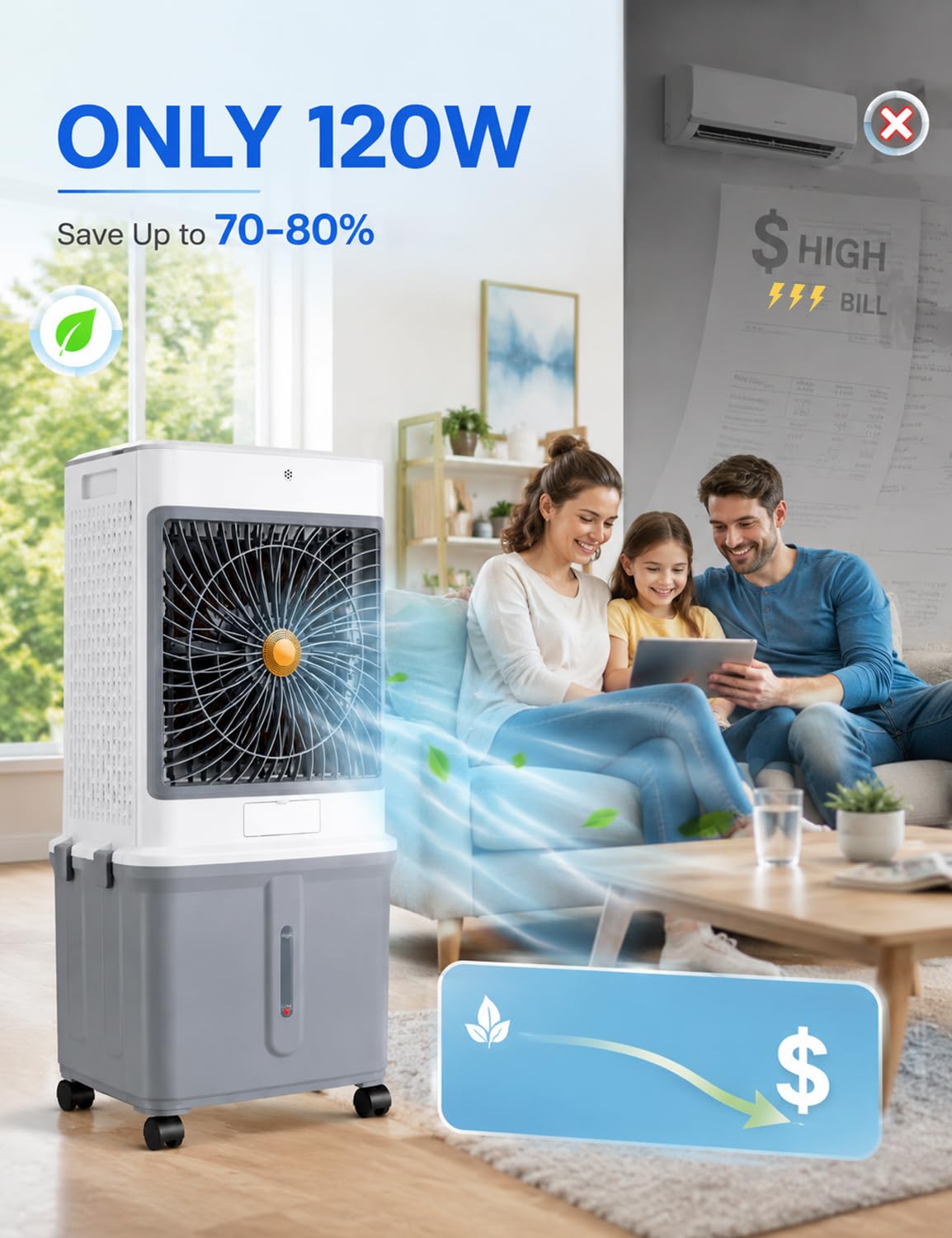 Swamp Cooler, Portable Air Conditioners Evaporative Air Cooler with 10GAL Detachable Tank, Windowless AC Unit Cooling Fan That Blow Cold Air with 120° Swing, 3 Speeds, Timer for Garage Patio Workshop