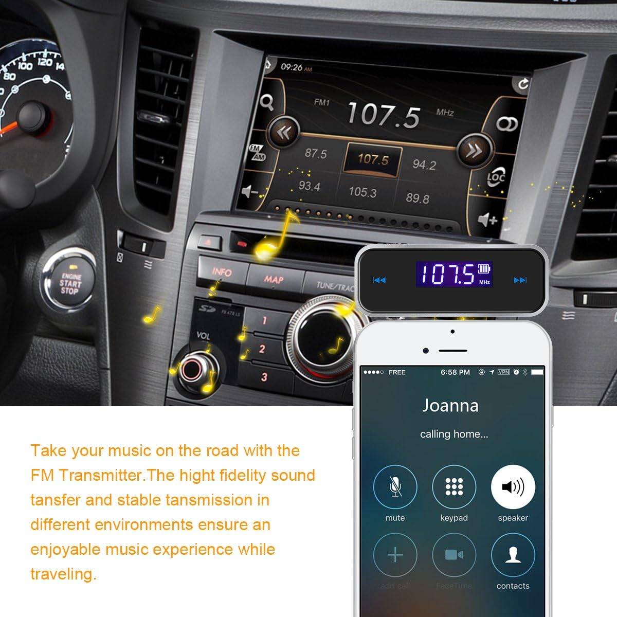 Beinhome 3.5mm 6s 5 MP3 MP4 FM Transmitter Audio Adapter Car Kit, Wireless in-Car Radio Transmitter Built-in Aux Port