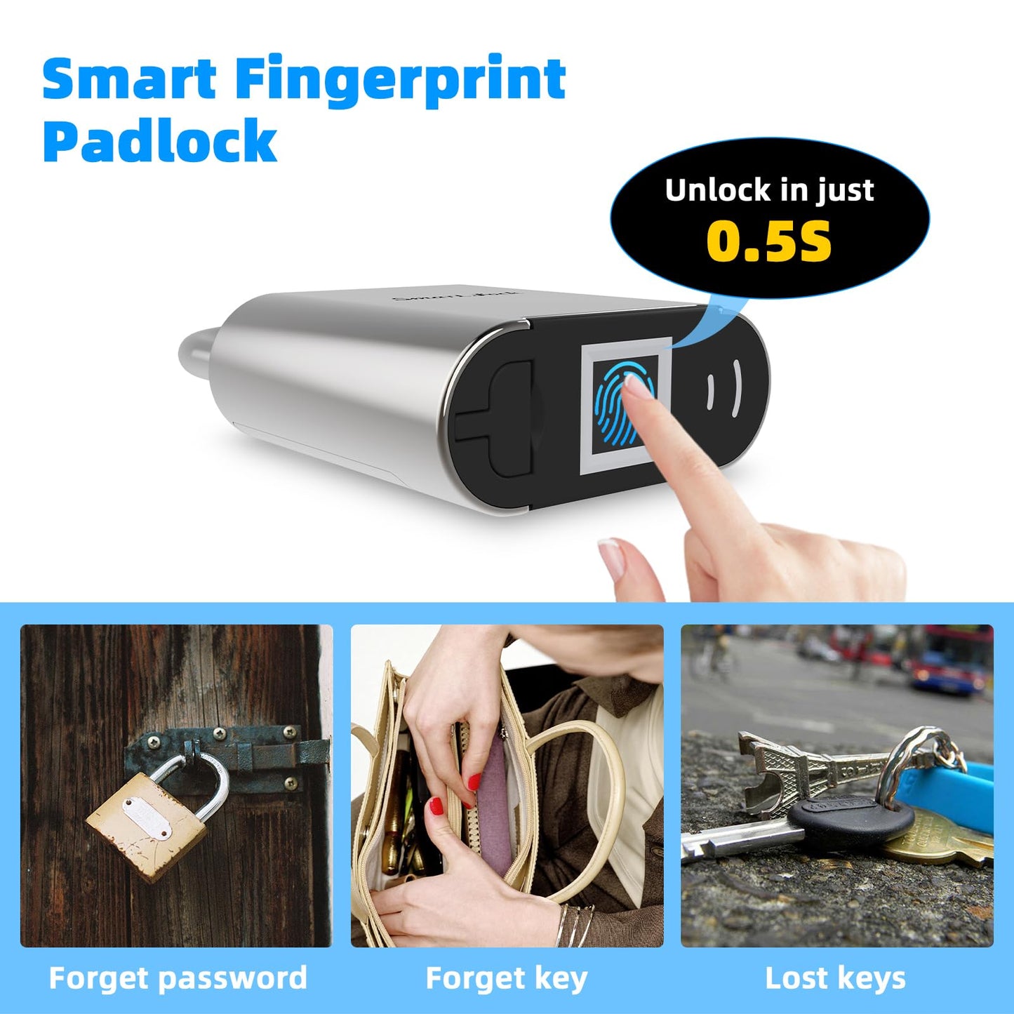 KENRONE Fingerprint Padlock, Biometric Smart Lock, IP66 Waterproof, Rechargeable Zinc Alloy Gym Lock for Athletes, Students, Swimmers & Outdoor Enthusiasts, for School Lockers, Pools & Luggage