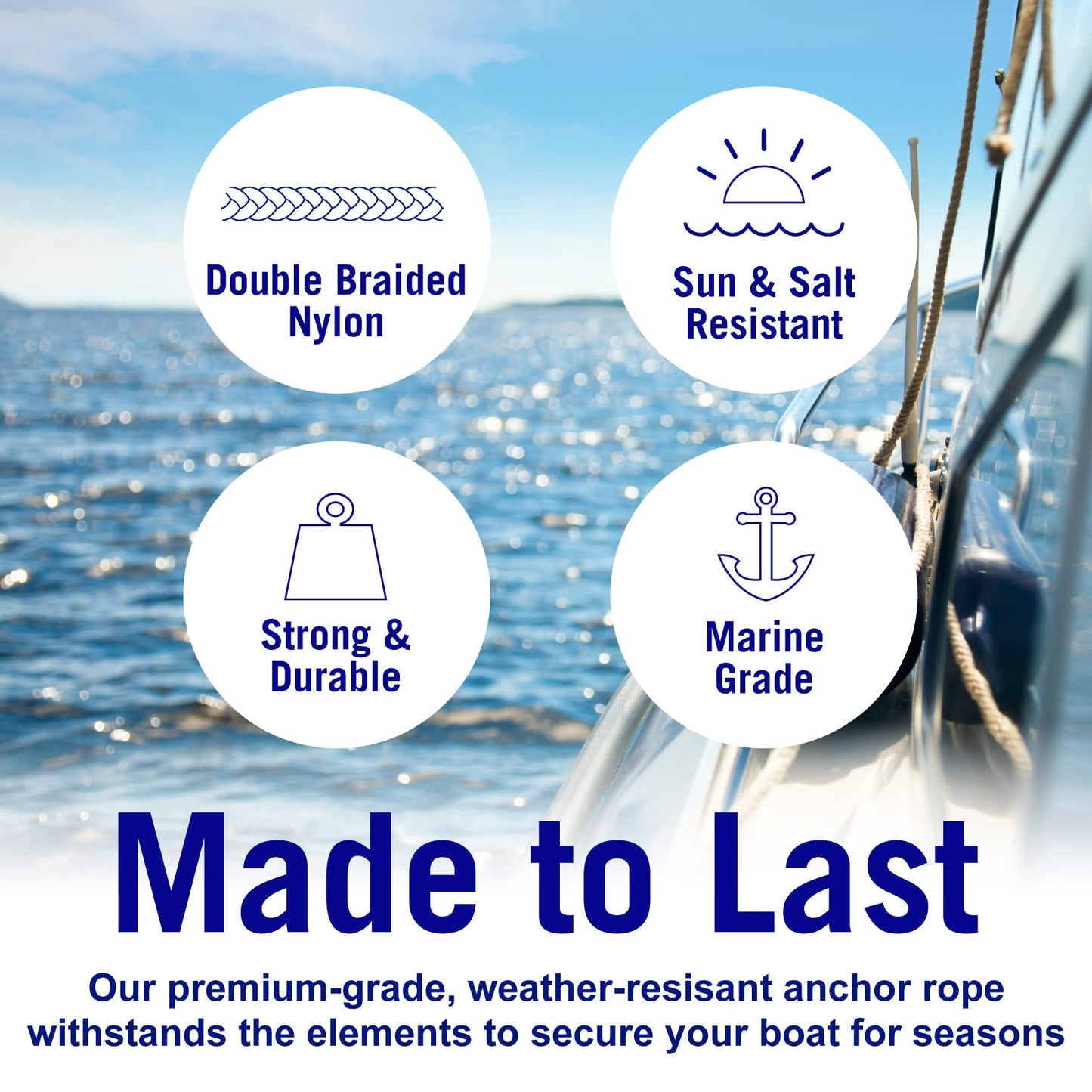 Better Boat Premium Anchor Rope, 100 Ft Double Braided White Nylon Marine Line, Reflective 3/8 Inch Reel for Anchors and Boats - Blue