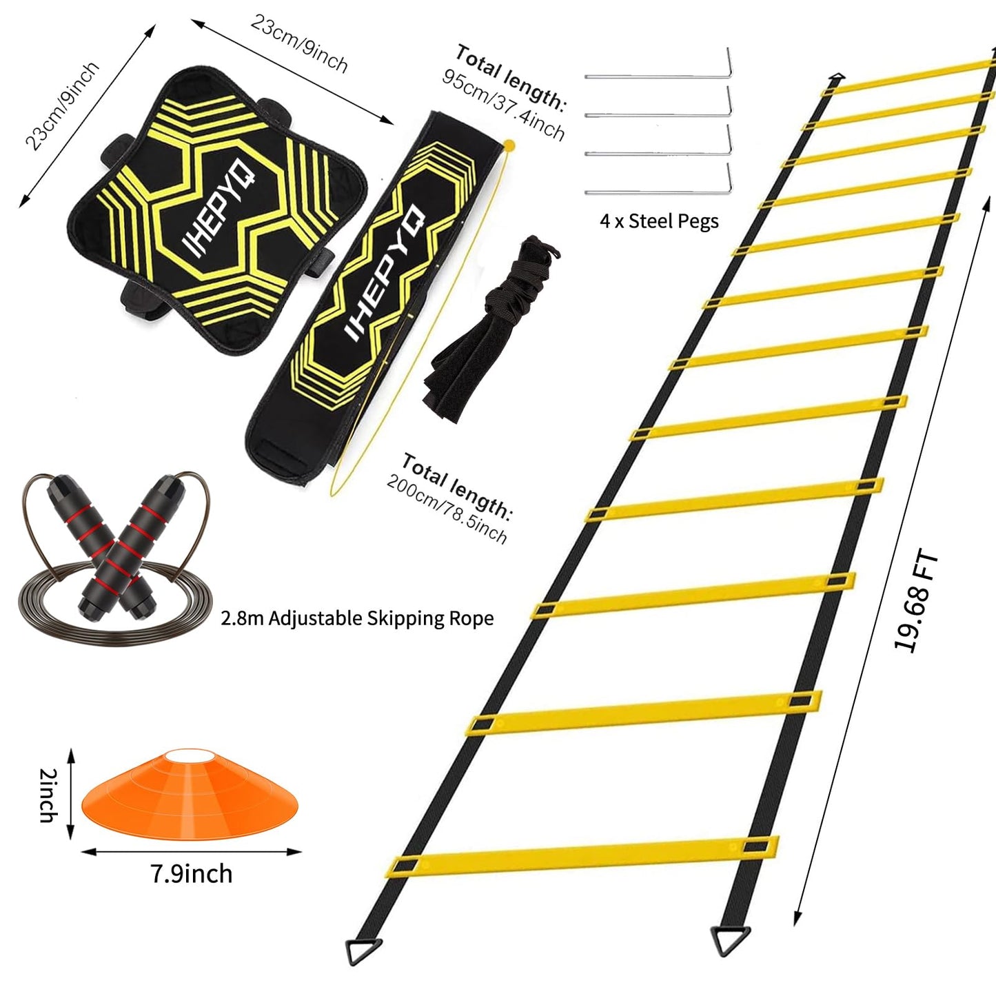 IHEPYQ Soccer Agility Training Equipment Set, 12 Rung 20Ft Agility Ladder, 12 Disc Cones, 4 Steel Stakes, Solo Soccer Trainer, Jump Rope - Speed Training Equipment for Soccer Football Basketball