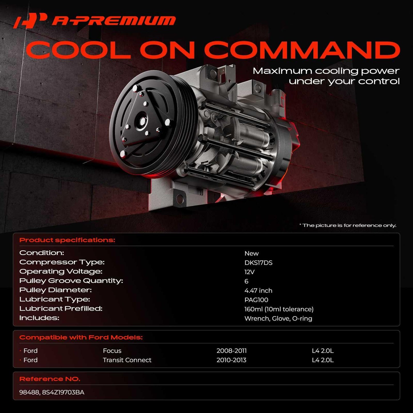 A-Premium Air Conditioner AC Compressor with Clutch Compatible with Ford Focus 2.0L 2008-2011, Transit Connect 2.0L 2010-2013, with DKS-17DS Compressor