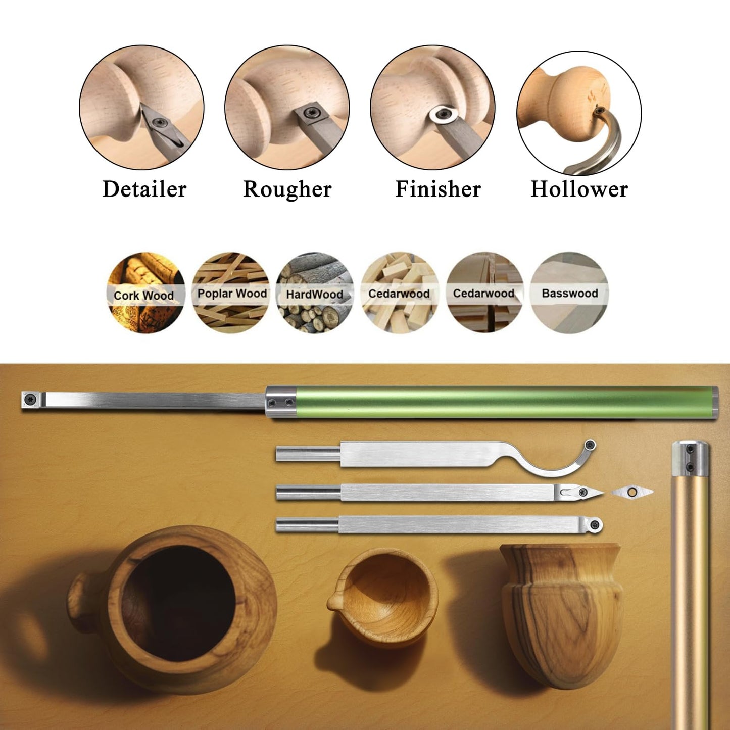 Carbide Tipped Woodturning Tools DW-6 Mid Size Carbide Wood Lathe Tools 4pcs Hollower Rougher Detailer Finisher Made of Stainless Steel and 2pcs aluminium alloy Handle and 5pcs matched Carbide Cutters