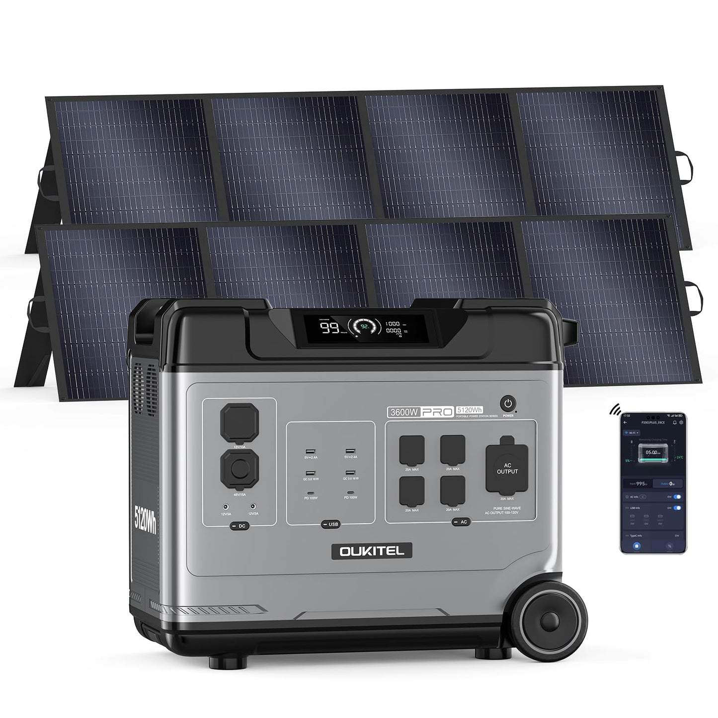 P5000 Pro 5120Wh Portable Power Station with 2×200W Solar Panels, 3600W(7200W Surge) Solar Generator with LiFePO4 Battery, 5×3600W AC Output, for Emergency, Home Backup, RV, Camping