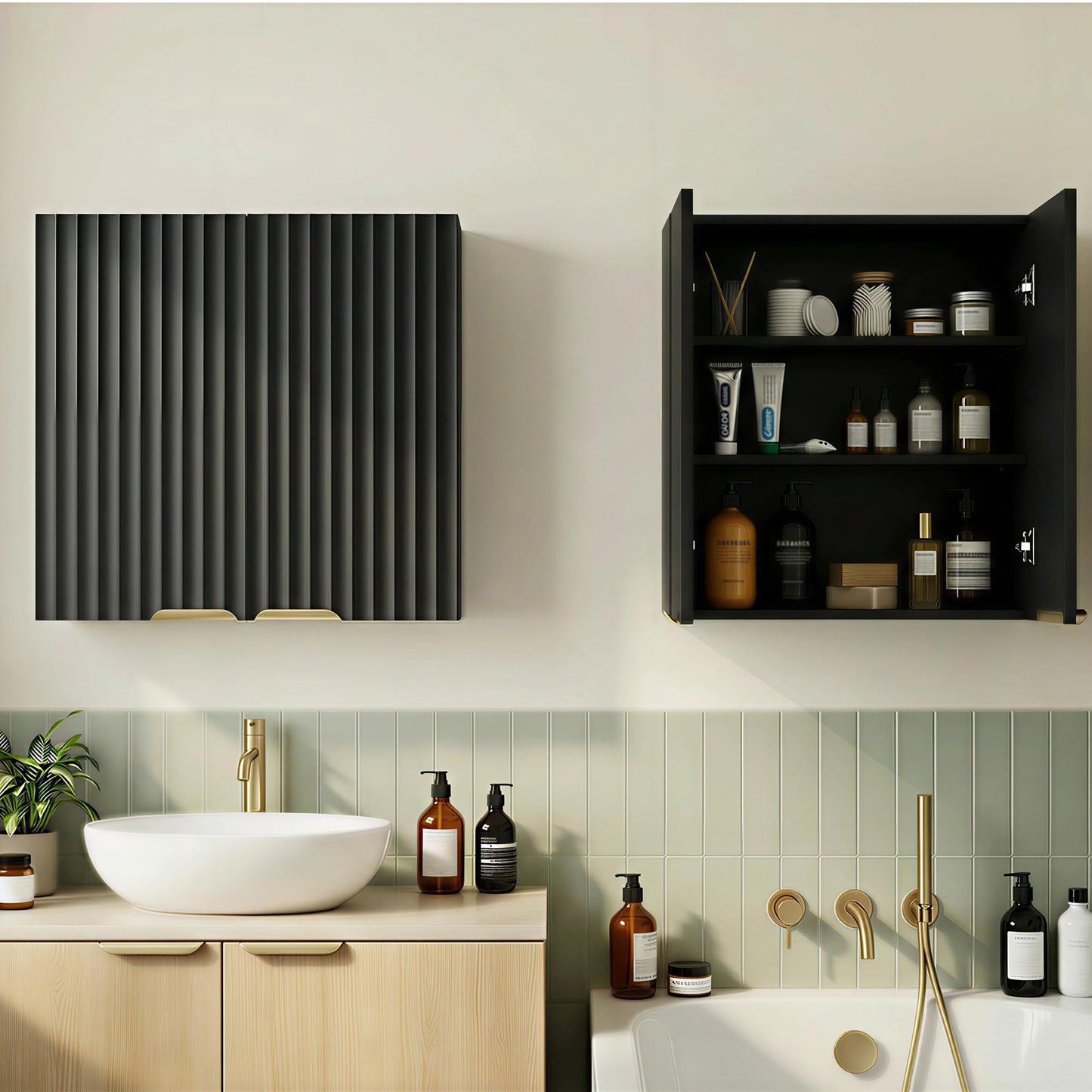 ChooChoo Bathroom Wall Cabinet, Kitchen Storage Cupboard Cabinet with 2 Doors, Fluted Laundry Room Cabinet for Bathroom, Kitchen, Garage, Black