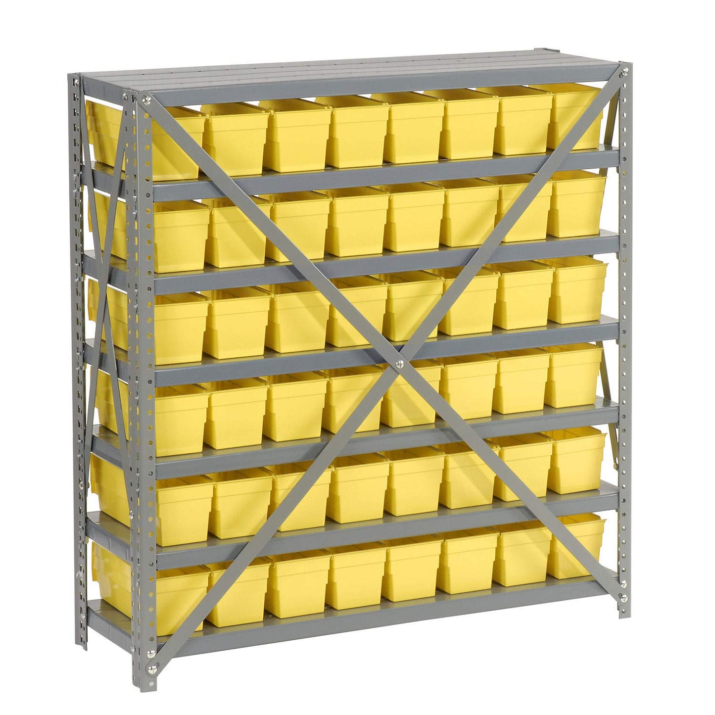 Global Industrial 7 Shelf Steel Shelving with (48) 4" H Plastic Shelf Bins, Yellow, 36" W x 12" D x 39" H, Single-Sided Open Shelving with 48 Plastic Shelf Bins