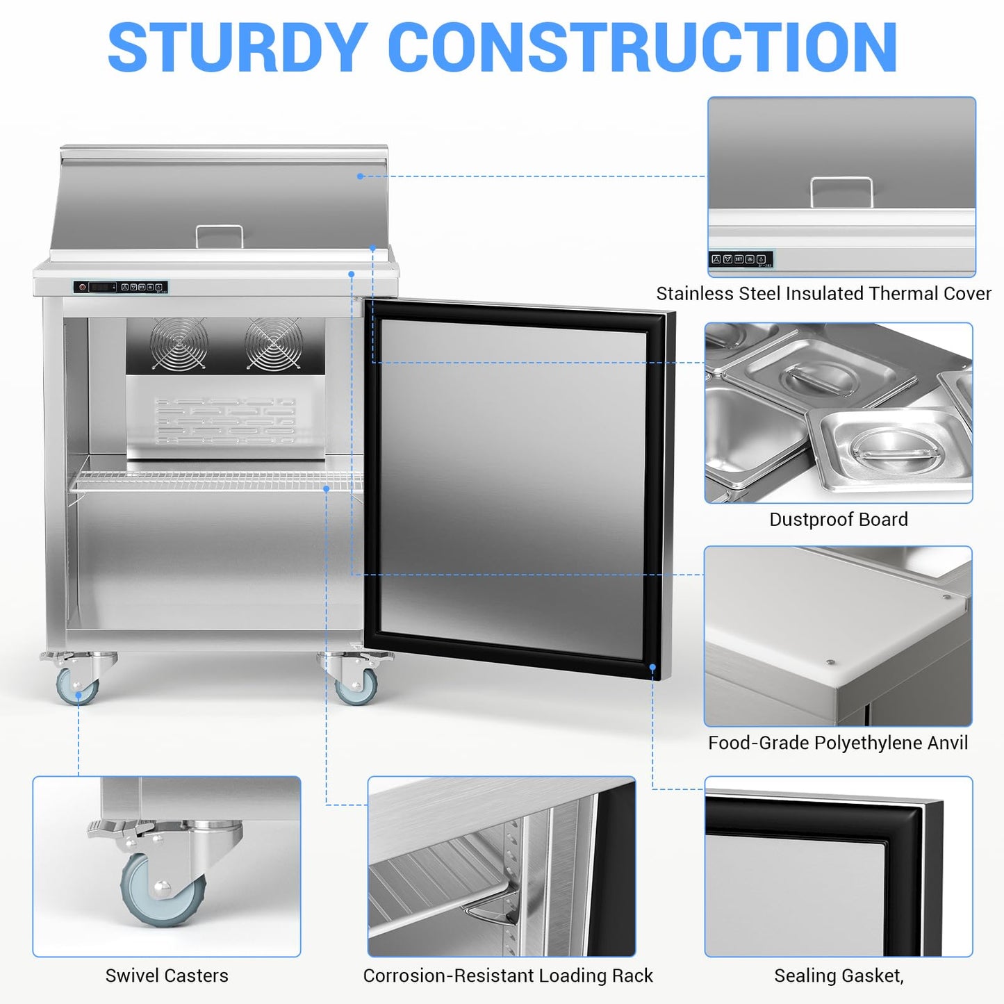GAOMON Commercial Refrigerator, 28" Sandwich & Salad Prep Table, 7.42 Cu. Ft Stainless Steel Refrigerated Food Prep Station with 8 Pans, Cut Board, 1 Door Worktop Fridge with lock for Restaurant