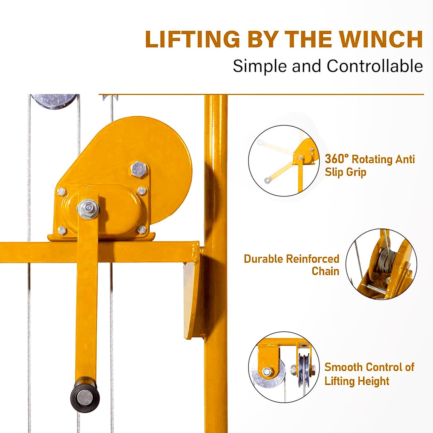 Material Lift Winch Stacker, 440 lbs Capacity Table Cart, 35.4" Lifting Height Manual Forklift Stacker, Pallet Jack Truck Dolly with Swivel Casters and Lift Plate (Yellow)
