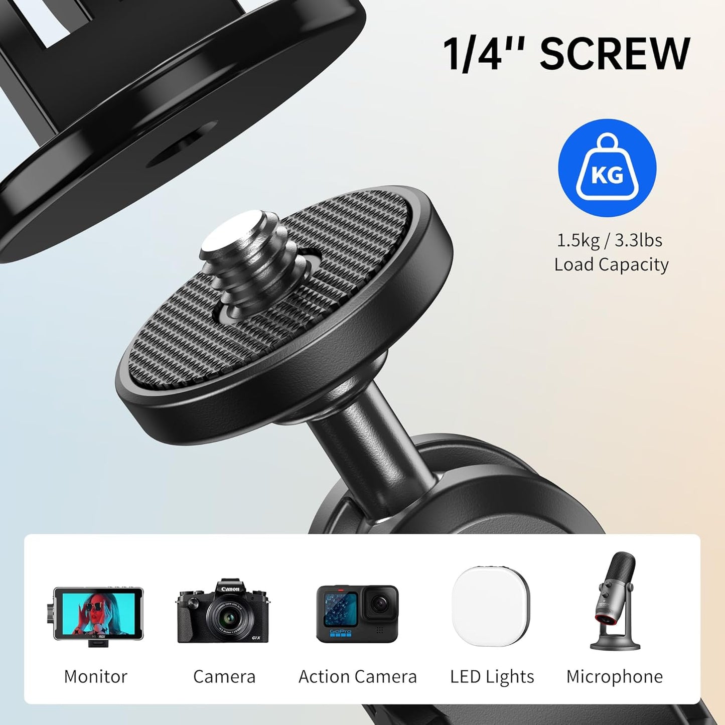 ATUMTEK 1/4" 3/8" 360 GoPro/Insta360/INSTAX/DJI Super Camera Clamp Mount with and Threads, Dual Ballhead Magic Arm Ball
