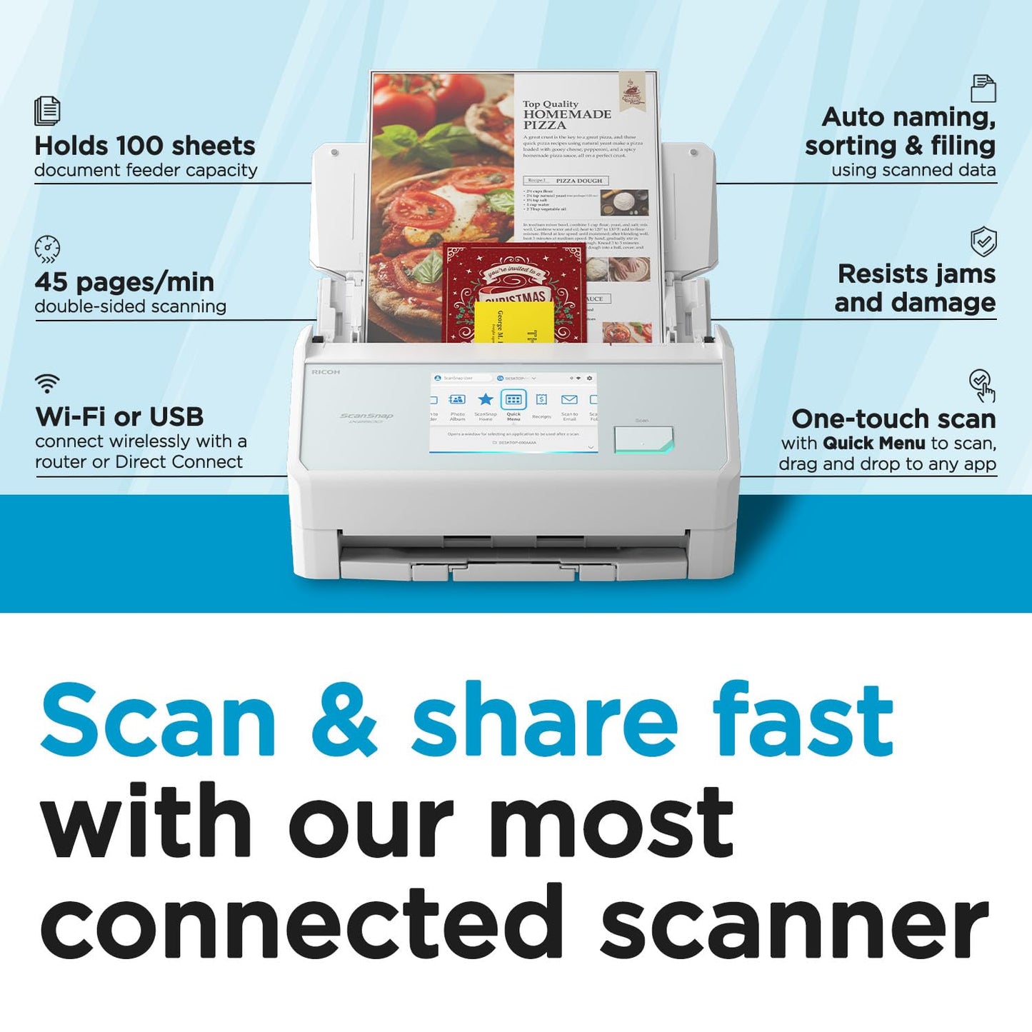 ScanSnap iX2500 Wireless or USB High-Speed Cloud Enabled Document, Photo & Receipt Scanner with Large 5" Touchscreen and 100 Page Auto Document Feeder for Mac or PC, White