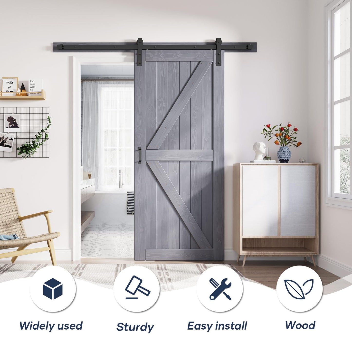 FREDBECK 36in x 80in Gray Wood Barn Door Slab with 6.6ft (79inch) Barn Door Hardware Track Kit Included, Double Surfaces,Simple Assembly is Required,K-Frame,Grey