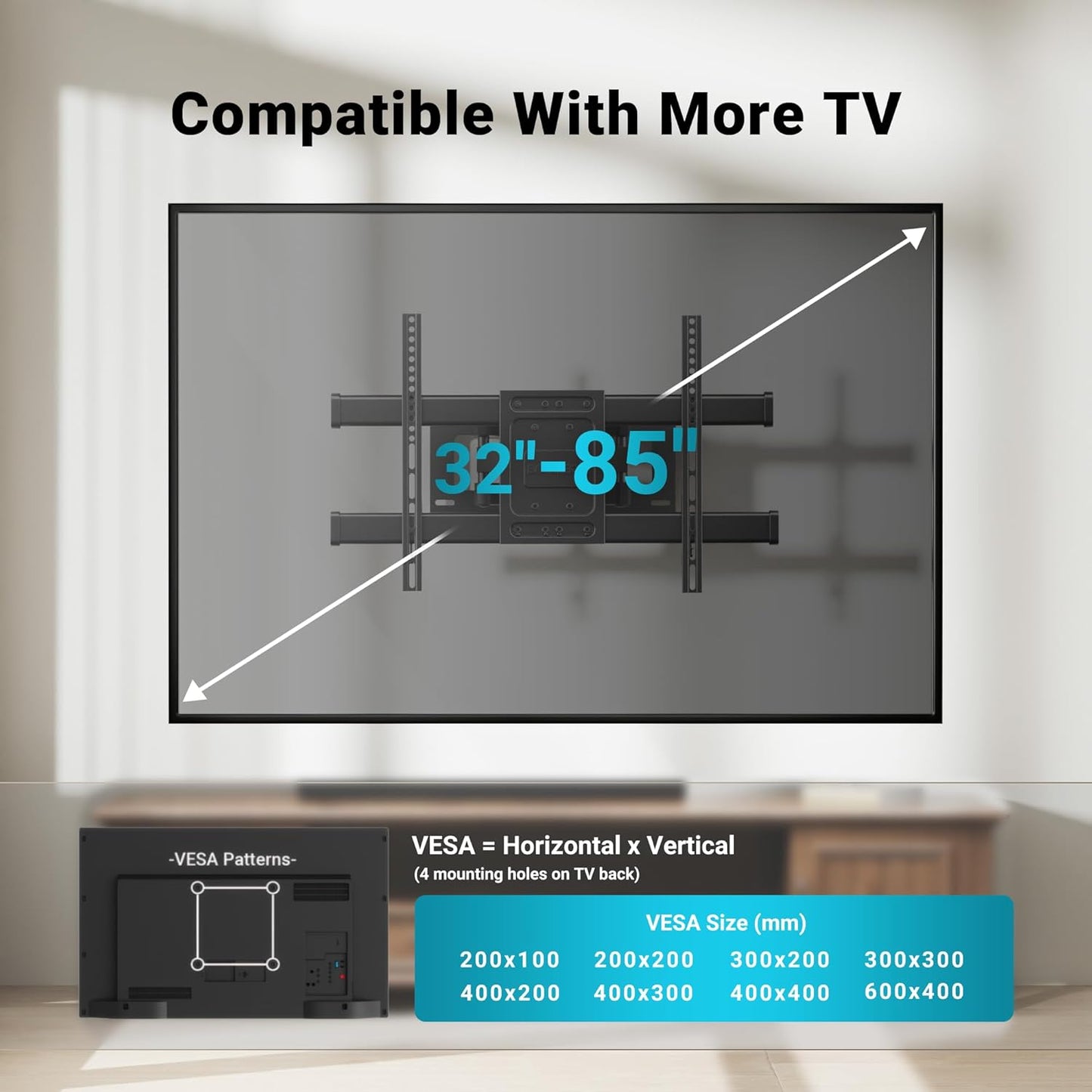 BONTEC 37-85 Inch 132lbs, 600x400mm, 16" Full Motion TV Wall Mount for TVs, Hold up to Max VESA Swivel Tilt Dual Arms