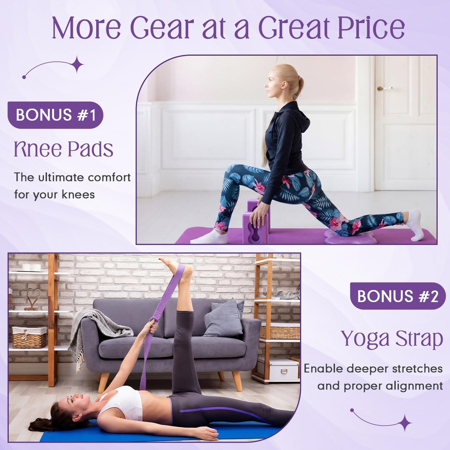 Yoga Blocks 2 Pack for Wrist Relief Yoga Blocks Wrist Support Set with Knee Pads and Strap Improve Comfort and Grip, Nonslip EVA Foam Pilates Exercise Balance Stretching Accessories Meditation(Purple)