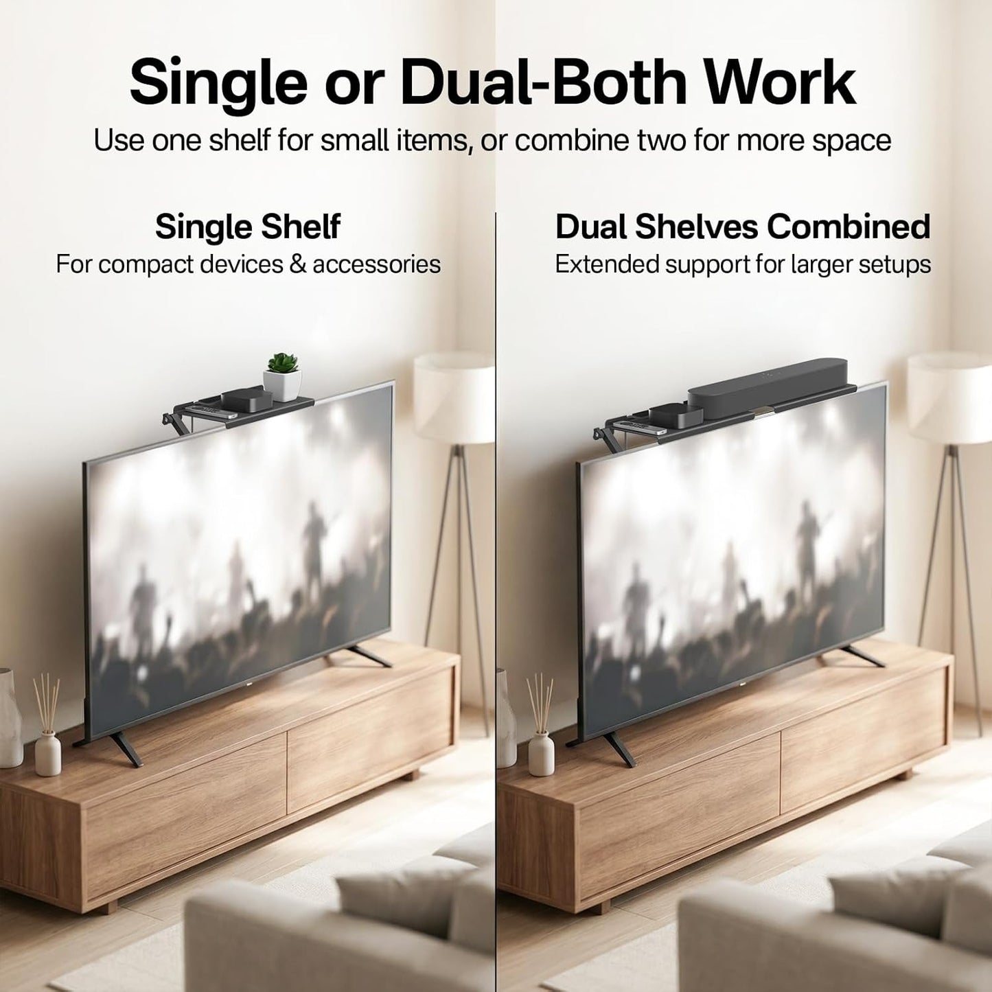 tiebutie 15 Lbs, No Drill Sound Bar Mount Top of TV Universal TV Top Shelf for Small Soundbars Up to Floating Sound Bar