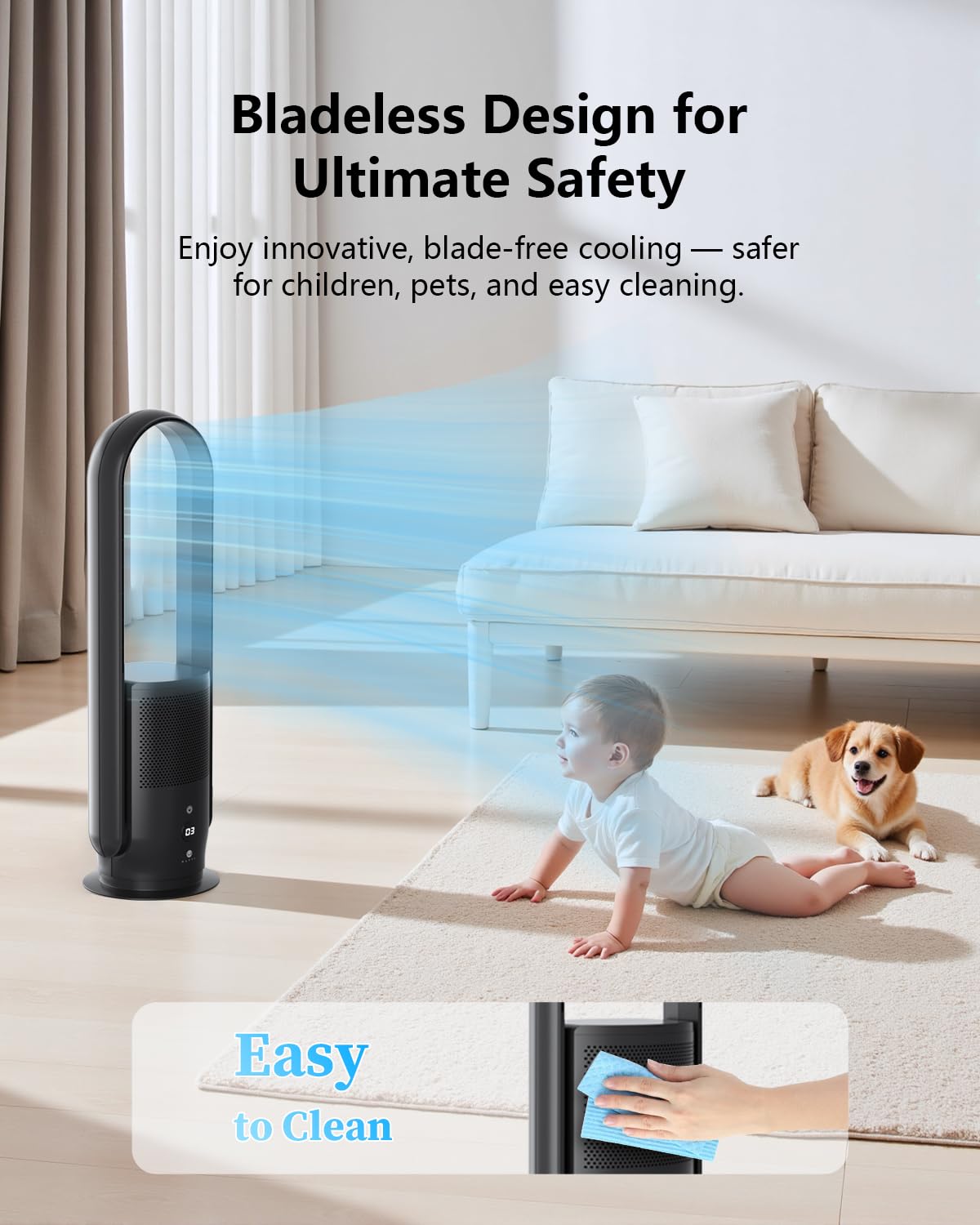 U ULTTY Bladeless Tower Fan and Air Purifier in one, Quiet Tower Fan with Remote, Touch, 9 Speeds, 8H Timer, HEPA Filter 99.97%, 90° Oscillation Fans, Floor Fans Powerful for Home Office Room, Black