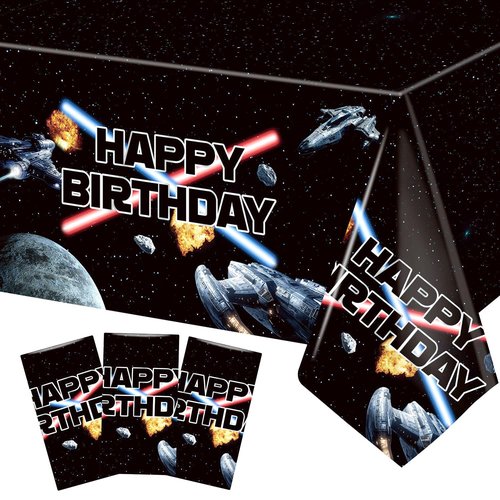 3 Pieces Space Battleship Wars Themed Birthday Party Decorations Tablecloth, Large Size 54 x 108 Inch Rectangular Plastic Table Cloth Star Galaxy Universe Starship for Boys Kids Party Decorations