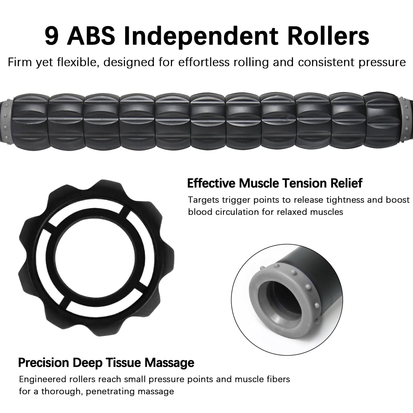MZDXJ Muscle Roller Massage Roller Stick- Deep Tissue Fascia Blaster for Myofascial Pain Relief, Lymphatic Drainage & Body Sculpting, Handheld Physical Therapy & Recovery Tool (Gray black-18 inch)