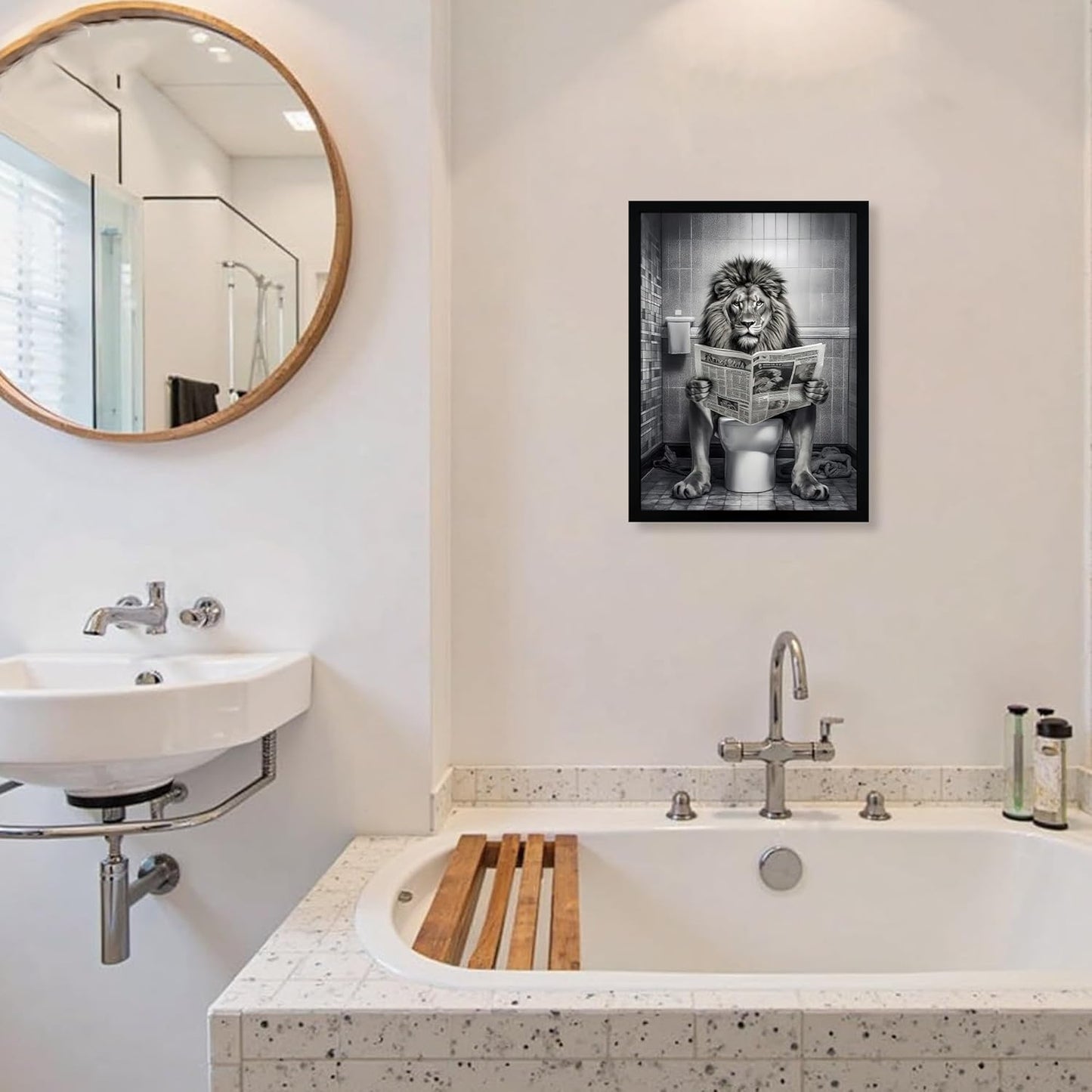 URMOYA Majesty Lion Bathroom Wall Art - Funny Black and White Canvas Decor | 12x16 Inch Framed Print