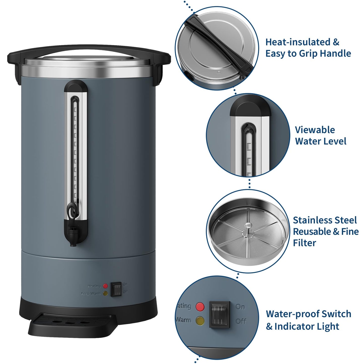 Garvee 14 L/100 Cups Coffee Urn-3.8 gal Double Wall Commerical Coffee Maker for Buffet Catering Wedding Gathering,Large Capacity Hot Coffee Dispenser,Stainless Steel Hot Water Urn-Grey