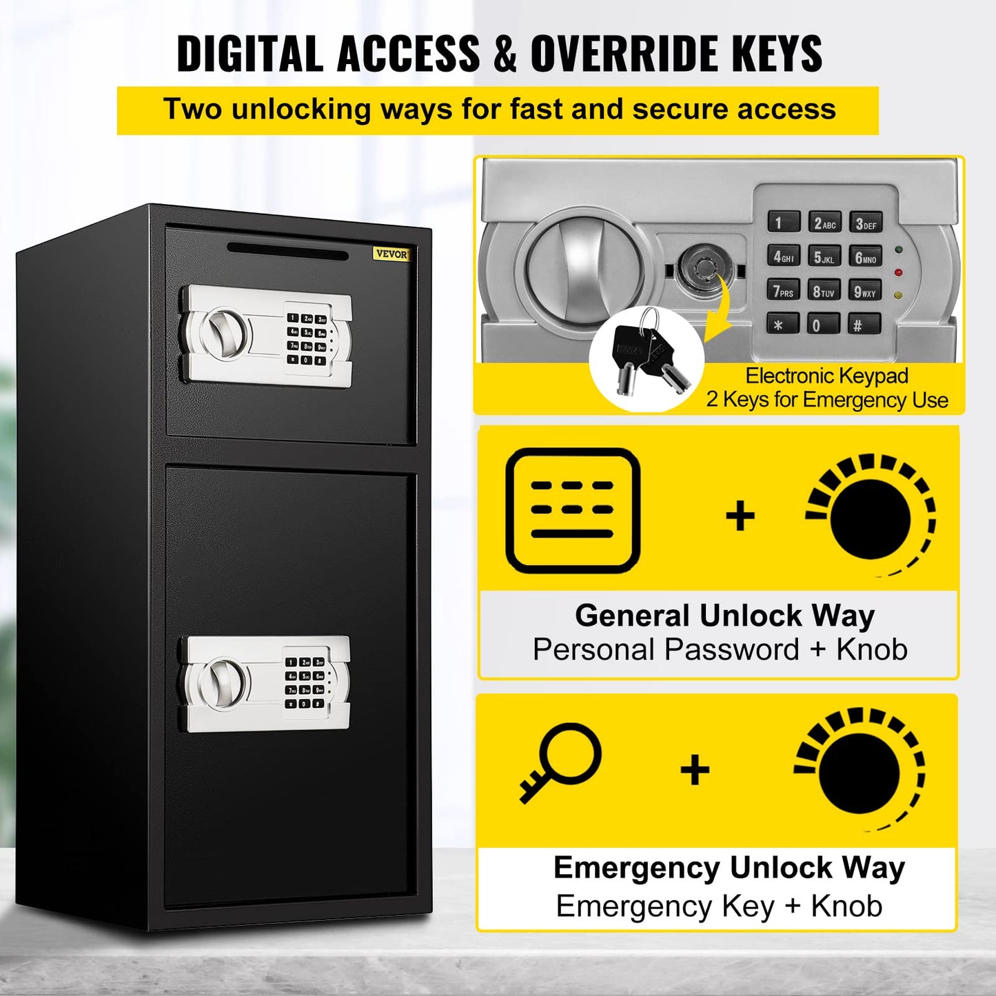 VEVOR Large Double Door Safe Box 29.5" x 13.8“ x 13.8" Steel Safe Box Strong Box with Digital Lock for Money Gun Jewelry Black