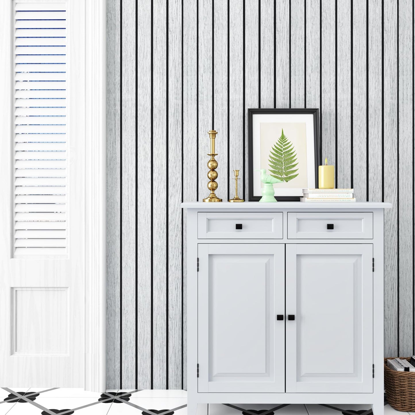 STICKEEP White/Grey 3D Wood Slat Panels for Walls Peel and Stick PVC Slat Wall Paneling Soundproof Self Adhesive Faux Wooden Slatted Panel for Wall Decor Interior Living Room Bedroom 118"x 11.8"