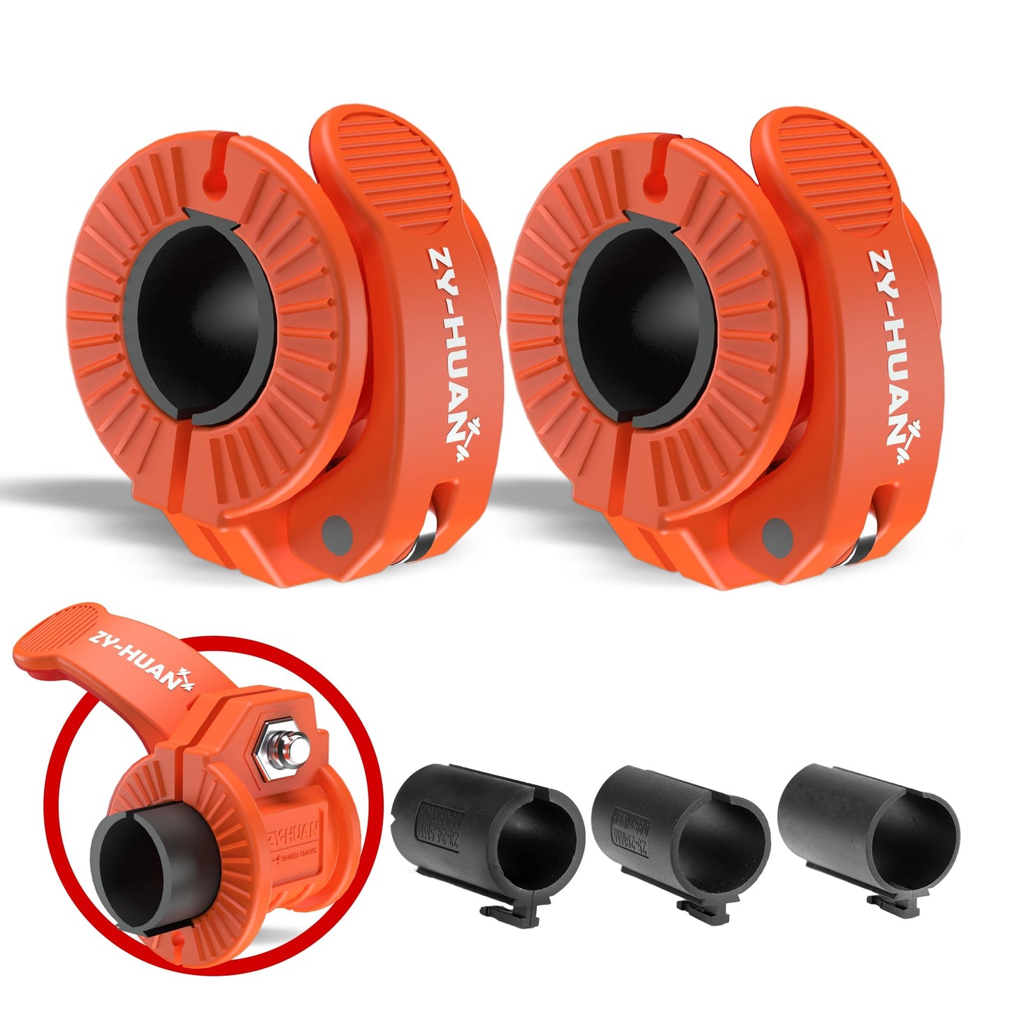 ZY-HUAN Pro Barbell Clips 1 inch Barbell Clamps 0.9-1.18inch Quick Release Weight Clips for Bars Multi-Size Adjustable Olympic Barbell Clamps (Orange)