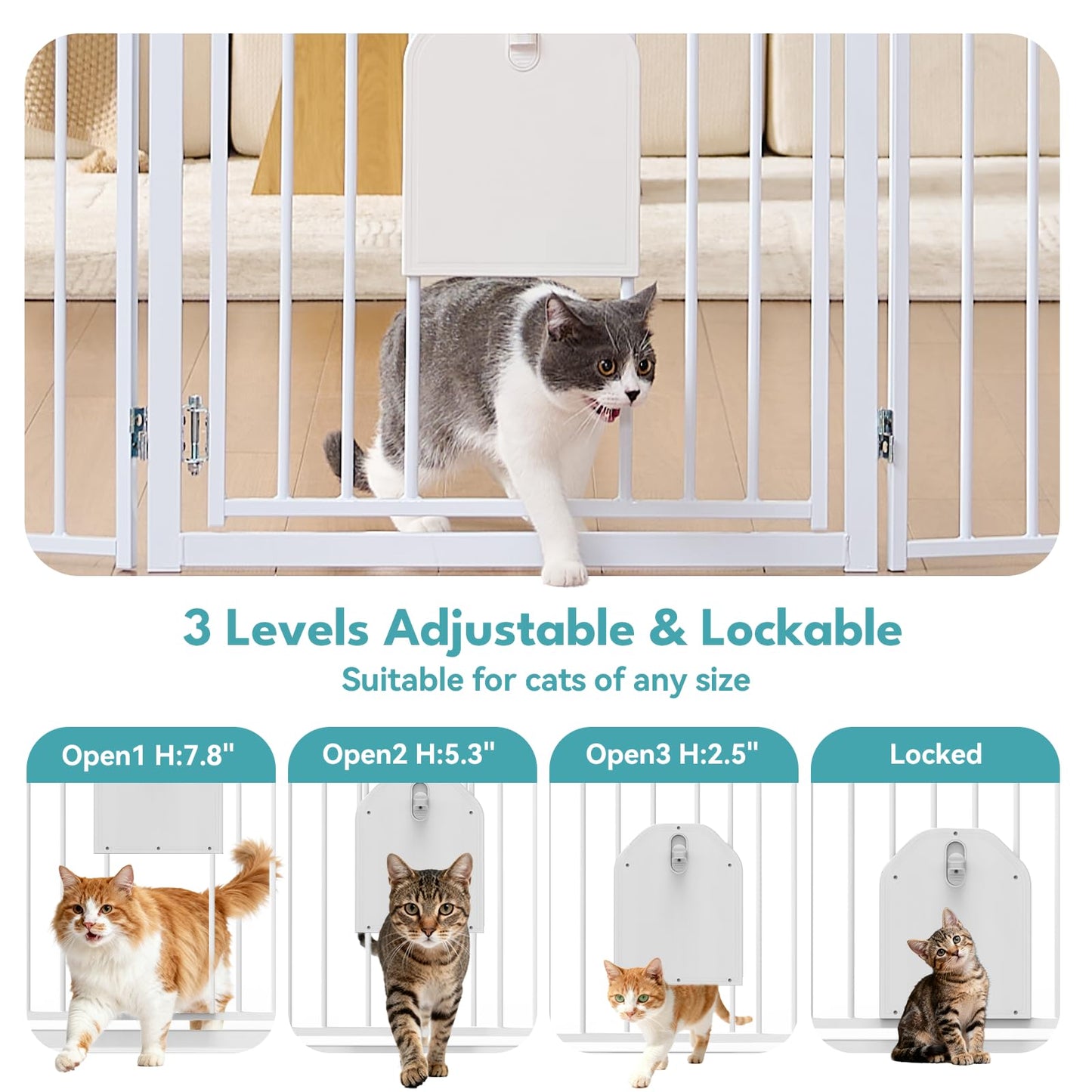 No Pawblems Free Standing Dog Gate with Cat Door, 30'' Tall Foldable Dog Fence for Indoor & Outdoor, Up to 156 Inch Extra Wide Puppy Gate for Stairs, Hallways, Doorways, Deck, Yard (White, 6 Panels)