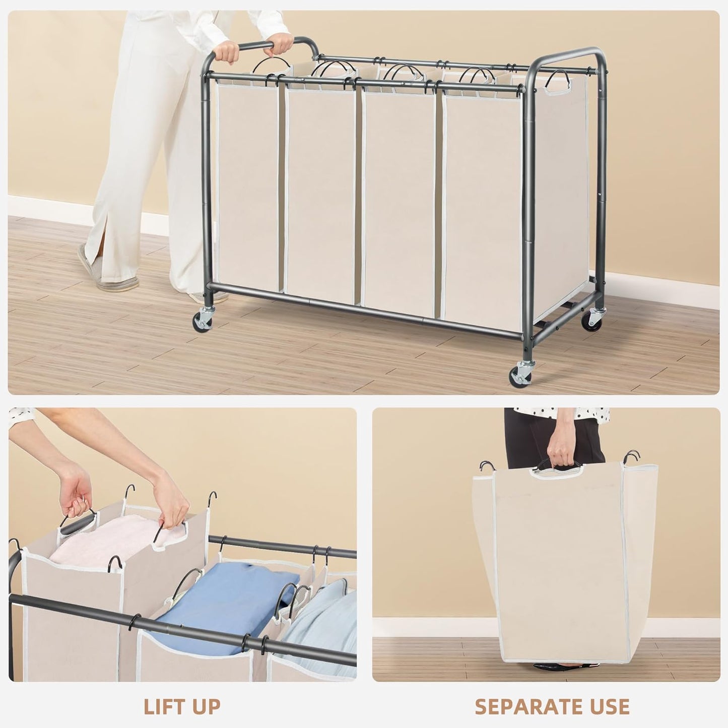 Storage Maniac Laundry Sorter - 4-Section 47.8 Gal Hamper Cart with Wheels & Removable Bags - Beige