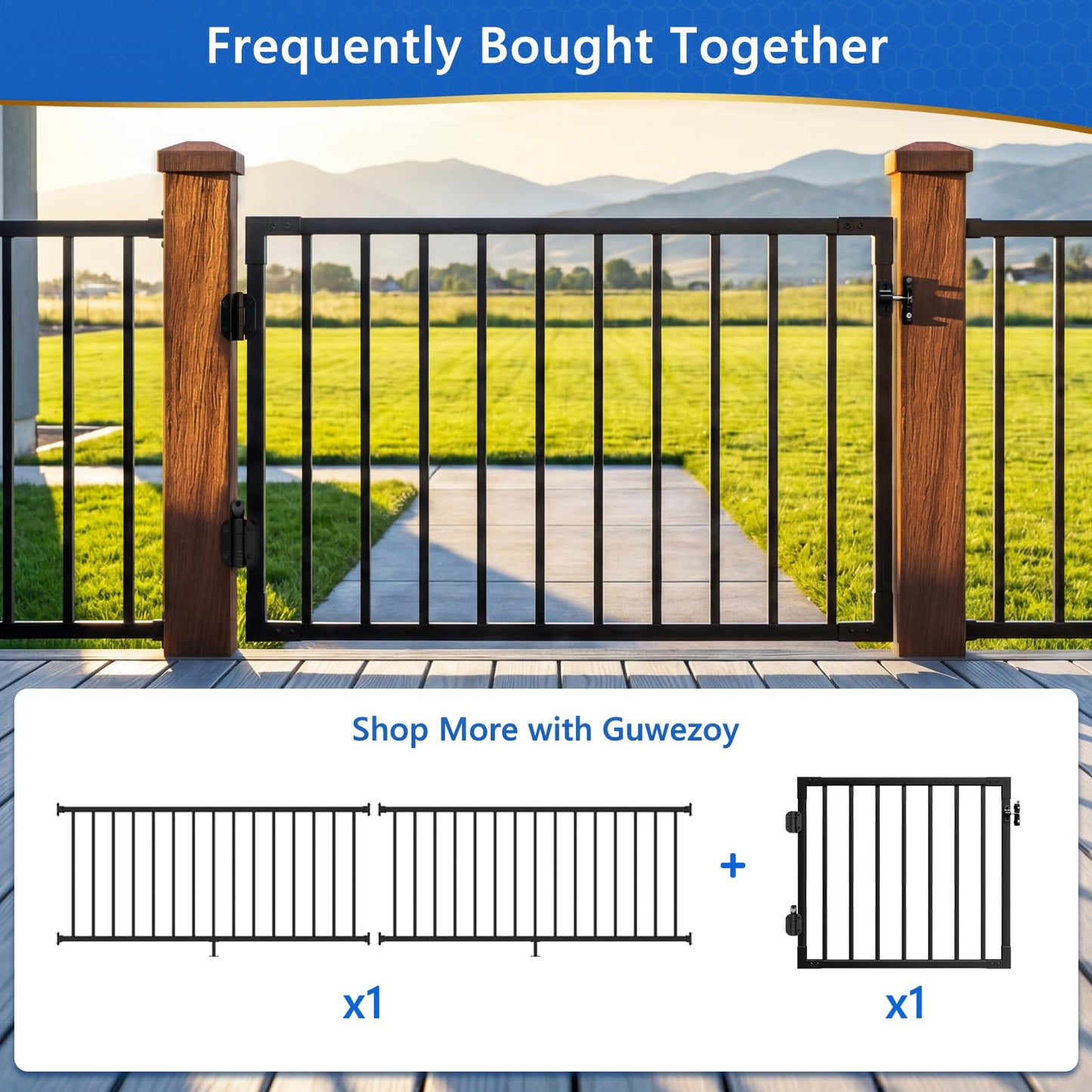 Guwezoy W.3ft x H.36in Outdoor Aluminum Deck Gate Kit, Cuttable Porch Gate with Latch and Auto-Close Hinge, AAMA 2604–Grade Texture Black Finish for Deck Railing, Patio, Porch, Garden & Yard