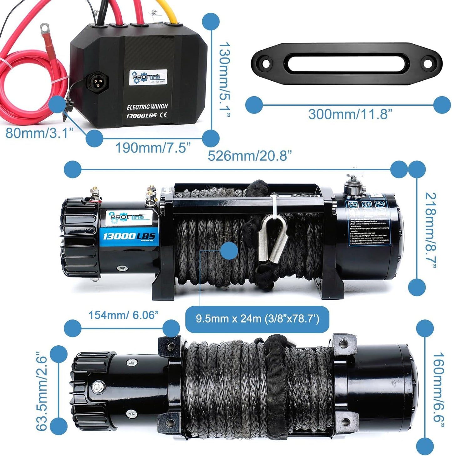 PROFLine Electric Winch 13000 lbs ATV Winch 12V with Synthetic Rope and Hook Truck Winch with Hawse Fairlead Remote Control for Towing UTV SUV Off Road Vehicle