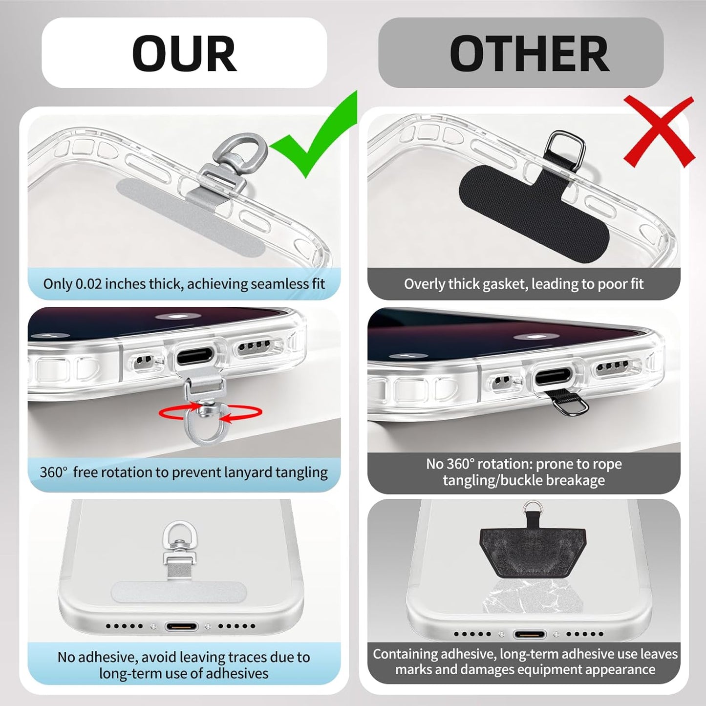 360 (3-Pack) Yojaro Rotating Stainless Steel Phone Tether Tab - Universal for iPhone & Other Phones (Fits