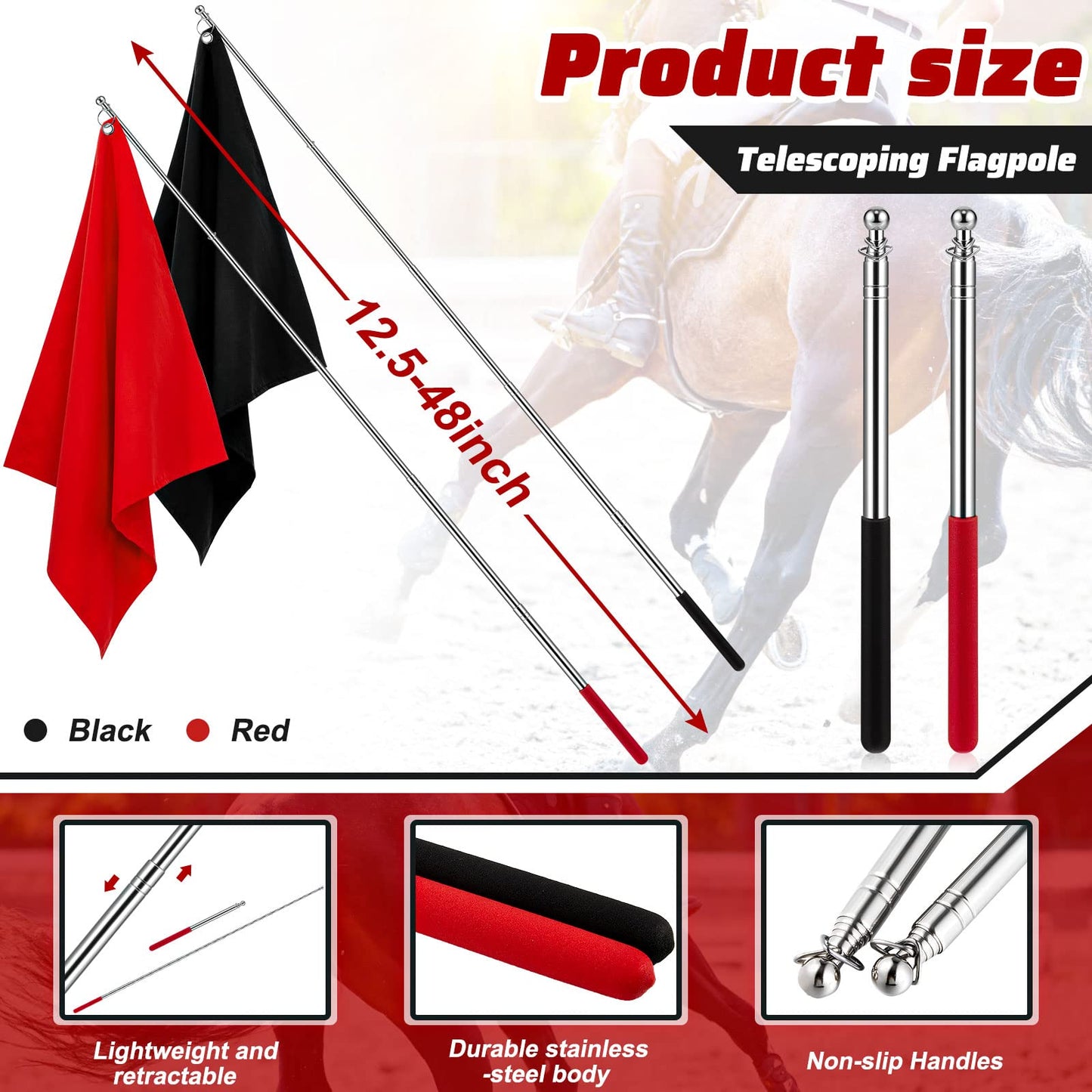 Sunnyray 48" Horse Training Flag Horse Training Equipment with 4 Feet Replacement Flags and Telescopic Handheld Flagpoles, Red, Black