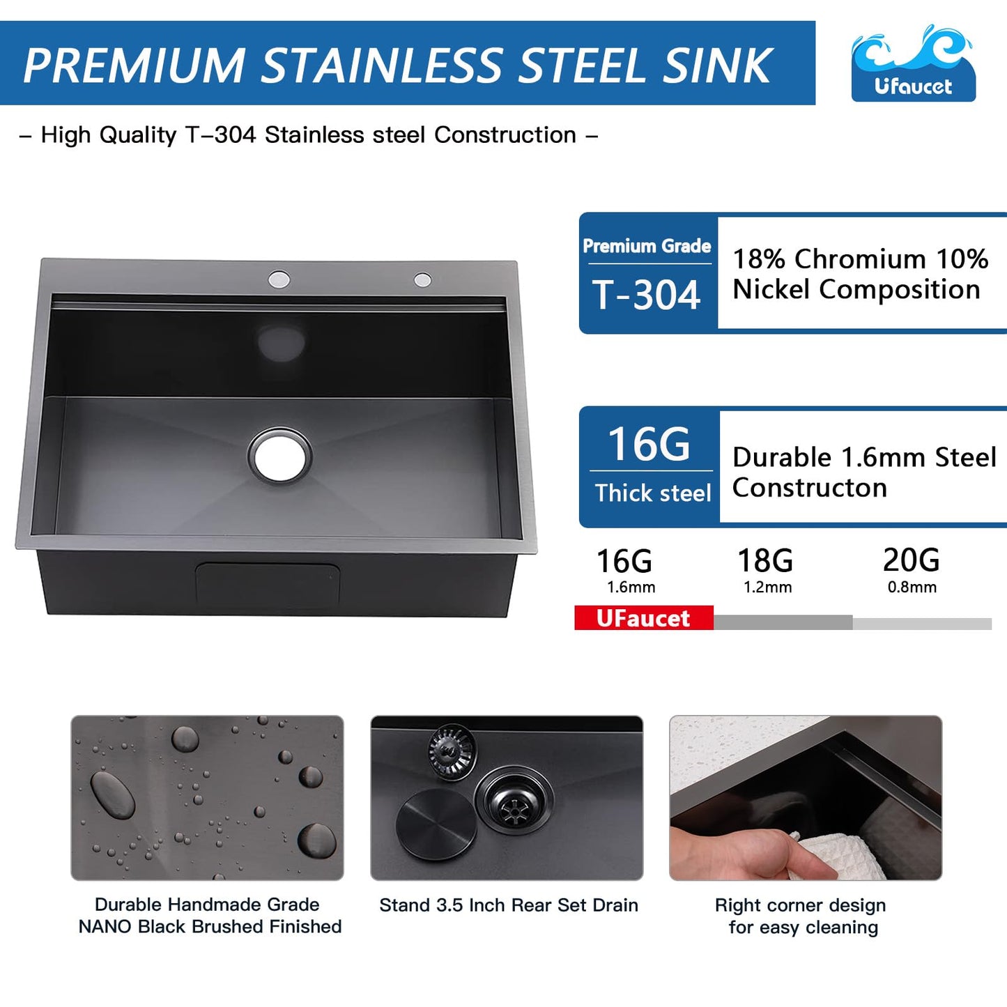 UFaucet 33x22 Drop In Kitchen Sinks Black, Gunmetal Black Stainless Steel Workstation 16Guage Topmount Single Bowl 9 Inch Deep Sink for Kitchen with Integrated Accessories and Features