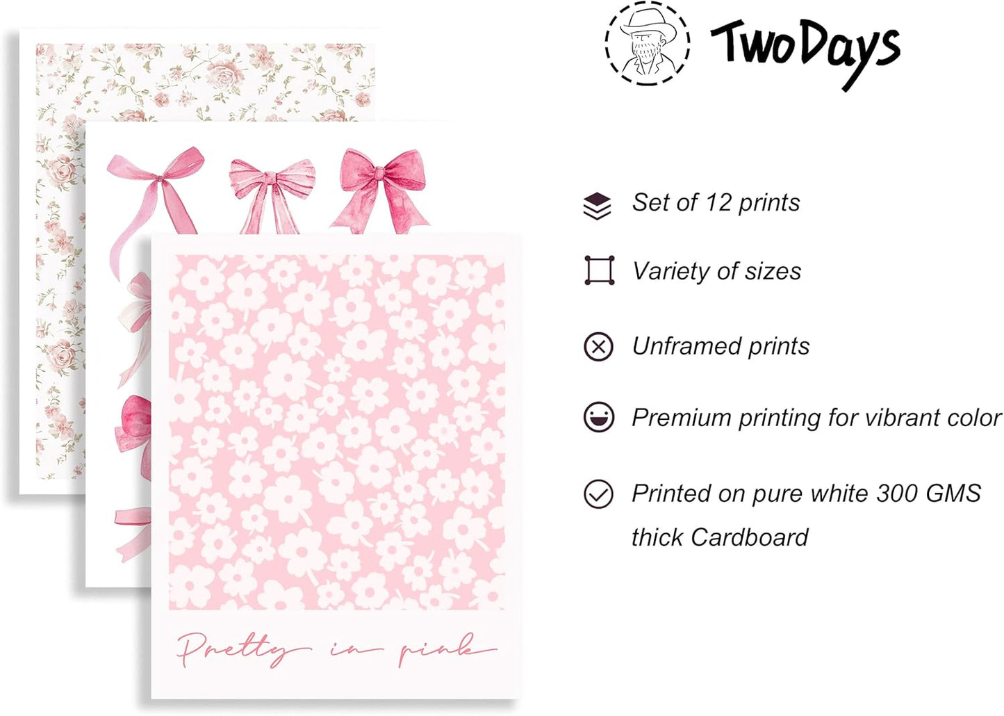 TwoDays Pink Coquette Wall Art | Aesthetic Light Pink Bows Posters for Girls' Dorm | Set of 12 Unframed (8" x 10" Largest)