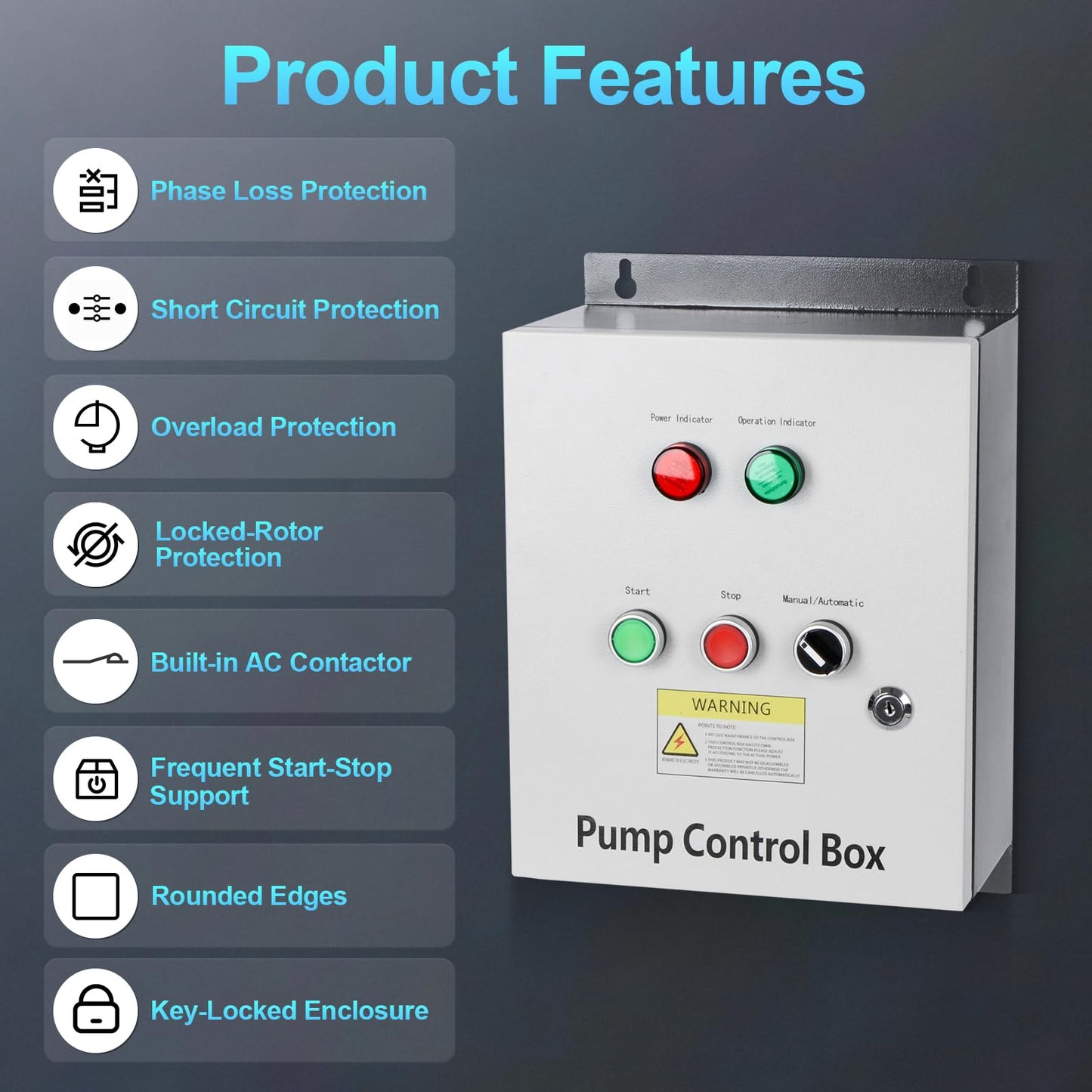 3 HP Well Pump Control Box, 220V 10A Three-Phase, with AC Contactor, Safe & Reliable for Submersible Well Pump, Manual/Automatic Dual Operating Modes, Start/Stop Device with Float Switch